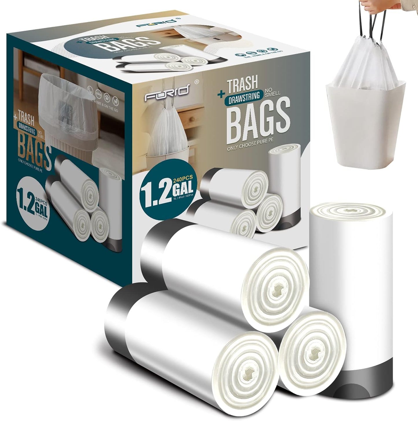 FORID Mini Drawstring Trash bags - 1.2 Gallon White Plastic Garbage Bags 240 Count Small Can Liners for Bathroom Bedroom Office Home 5 Liter (1-2 Gal) - Durable & Thick Trash Bag