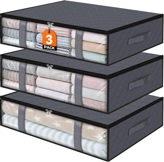 StorageRight Under Bed Storage Bins, 3-Pack 40L Foldable Fabric Storage Bags with Transparent Window, Breathable Organizer for Clothes/Blanket/Comforter/Quilt, Grey