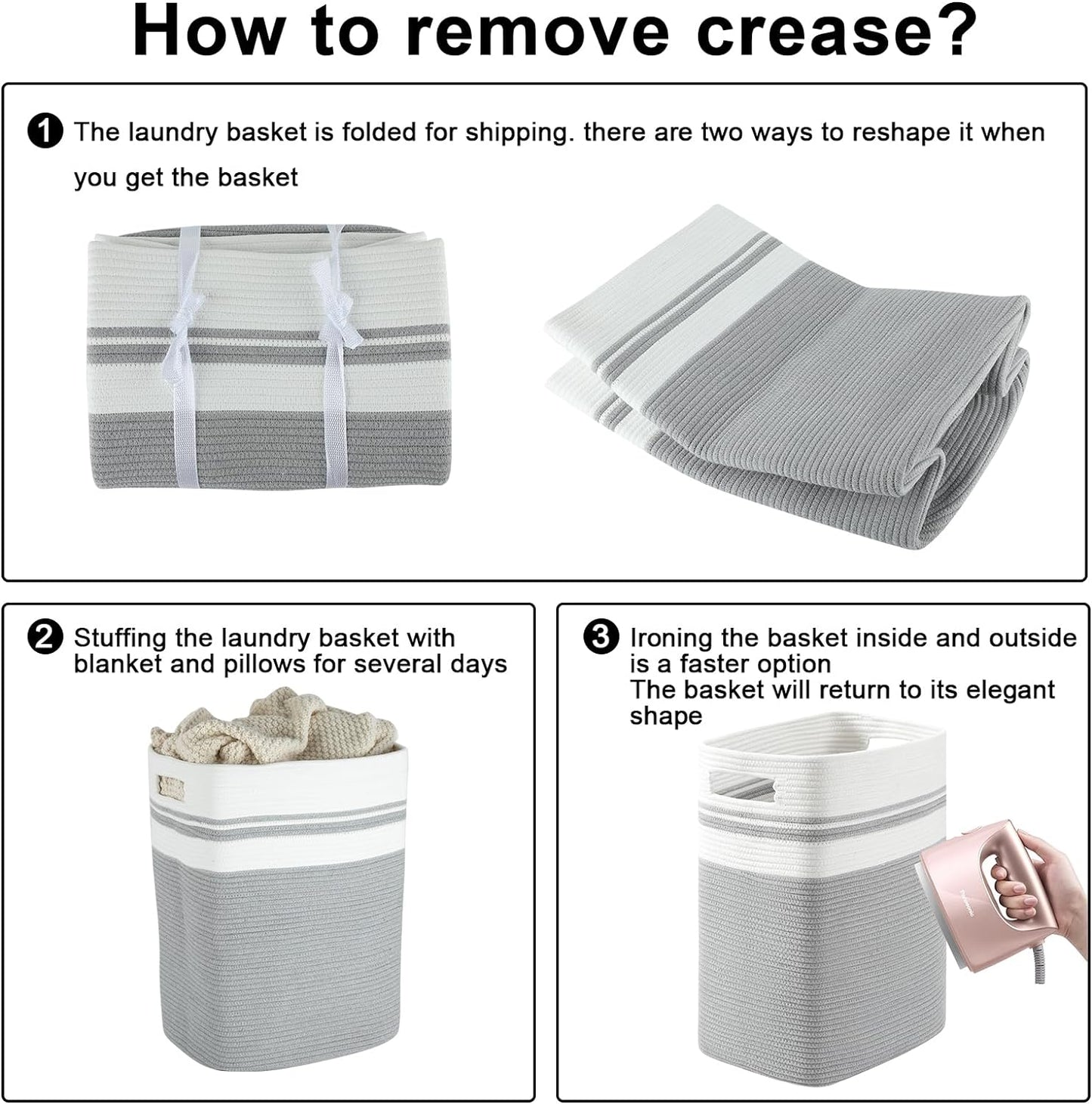 OIAHOMY 91L Laundry Hamper, XXXLarge Laundry Basket, Collapsible Cotton Rope Basket,Woven Storage Basket for Blankets,Clothes,Pillows-16x15x24-Grey