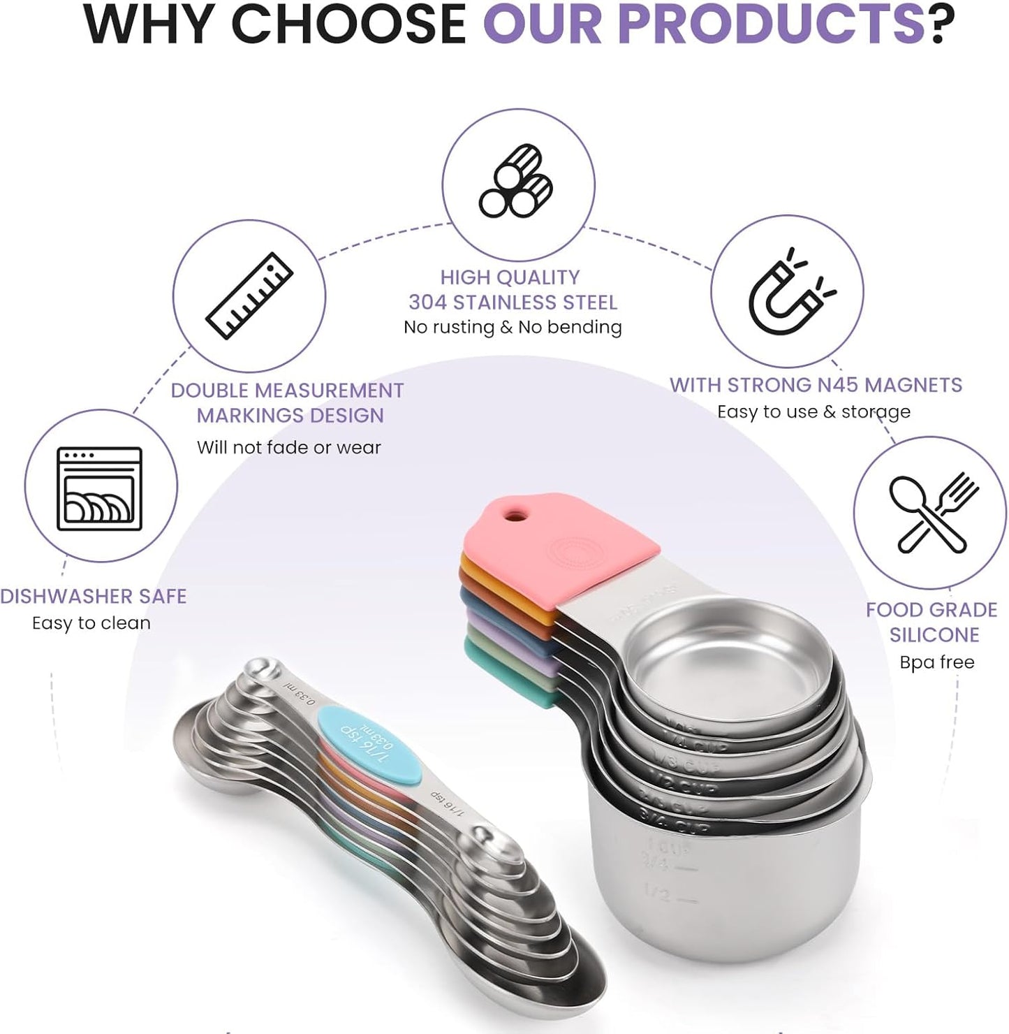 Magnetic Measuring Cups and Spoons Set-Heavy Duty 304 Stainless Steel，Double Measurement Markings，Set of 16 with Leveler for Measure Dry and Liquid Ingredients