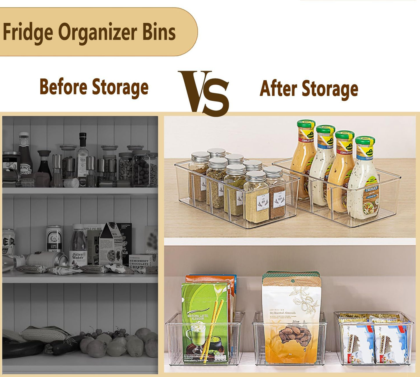 Pantry Organizers and Storage,Kitchen Organizers and Storage for Fridge,Drawer and Refrigerator - Spice Organization for Cabinet,Clear Plastic Stackable Storage Organizer Bins with 3 Dividers (3 Pcs)