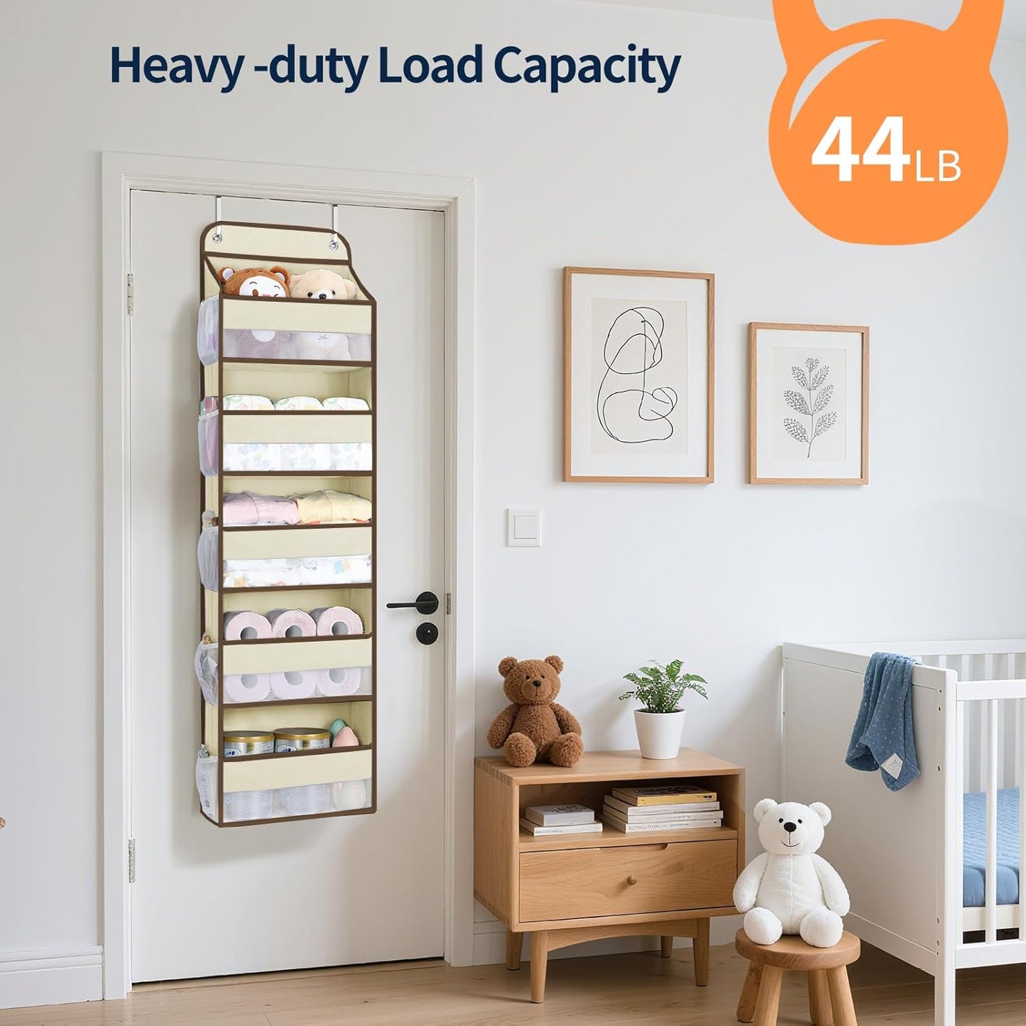 Yecaye Over The Door Organizer Storage, 5-Tier Heavy Duty Door Organizers Hanging with 10 Side Mesh Pockets, 44 lbs Load Capacity Behind Door Storage for Bathroom Nursery Bedroom Dorm Closet, Beige