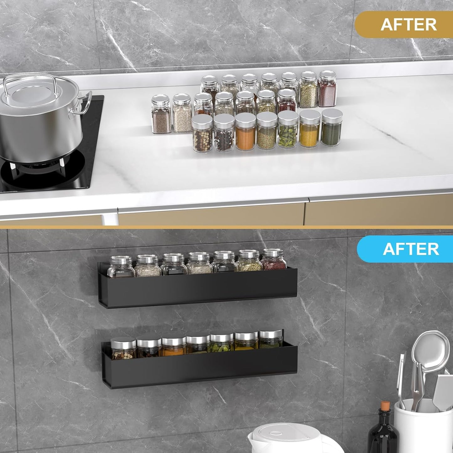 PMMASTO Adhesive Acrylic Spice Rack Organizer for Wall with Nano Double Sided Tape, Spice Shelf Organization for Kitchen Cabinet Door/Pantry Door, Wall Mount Seasoning Rack (Black-2 Pack)