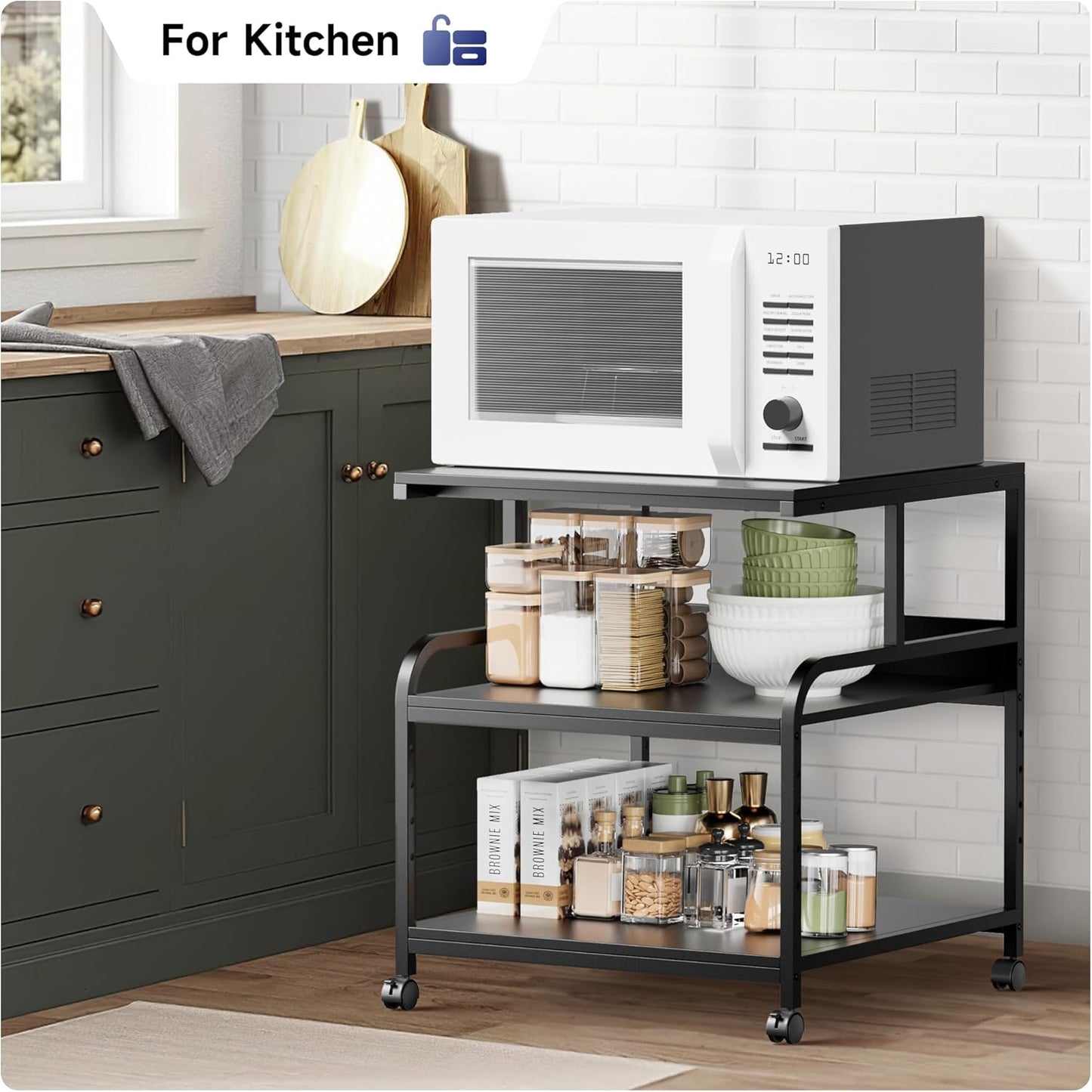 Printer Stand, 24''×24''×29'' Large Printer Table for Home Office with Locking Casters, Heavy Duty Sturdy 3-Tier Rolling Cart with Adjustable Shelf, Mini Fridge Stand, Home Office Essentials, Black