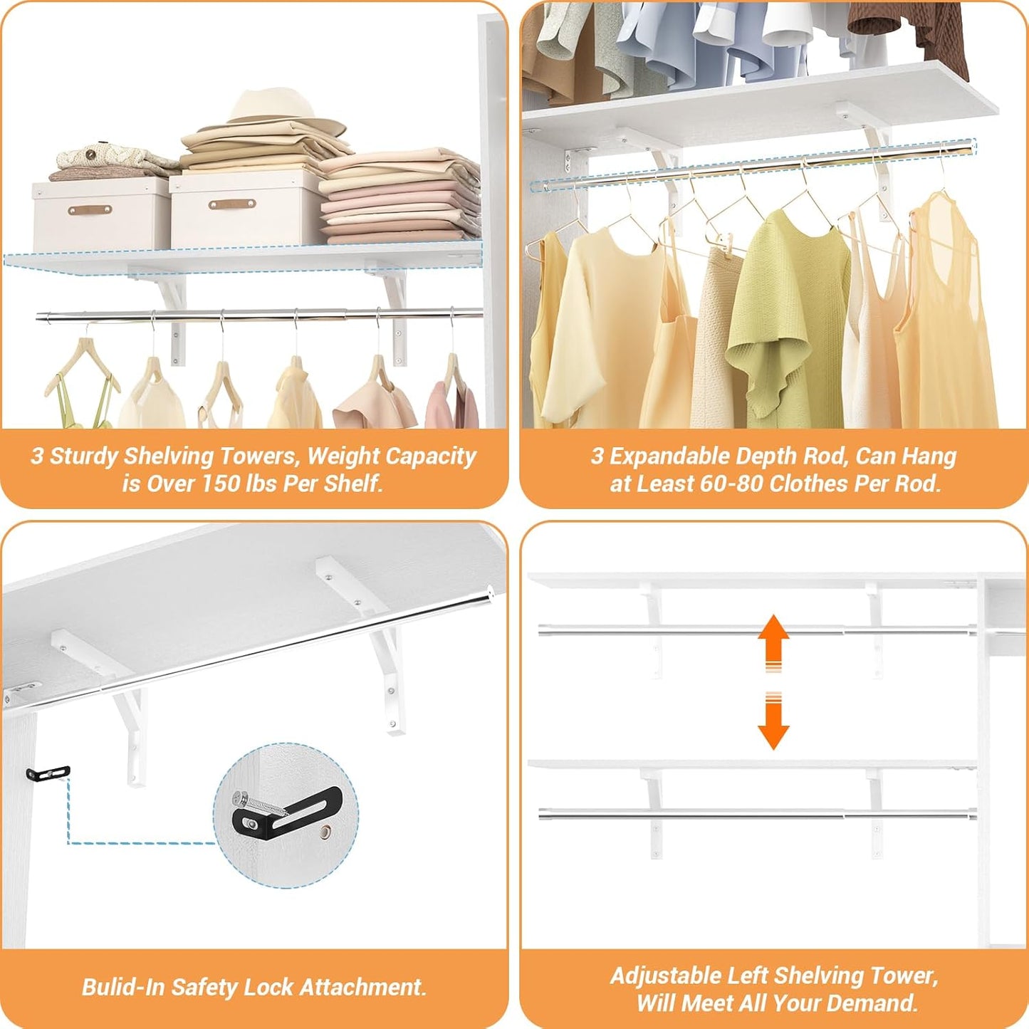 8FT Closet System with Shelves, 96'' Closet Organizer System with 3 Hanging Rods, Wall Mount Bedroom Wardrobe Walk-in Closet, Adjustable Cloth Garment Rack from 5 to 8FT (Cut to Fit), White