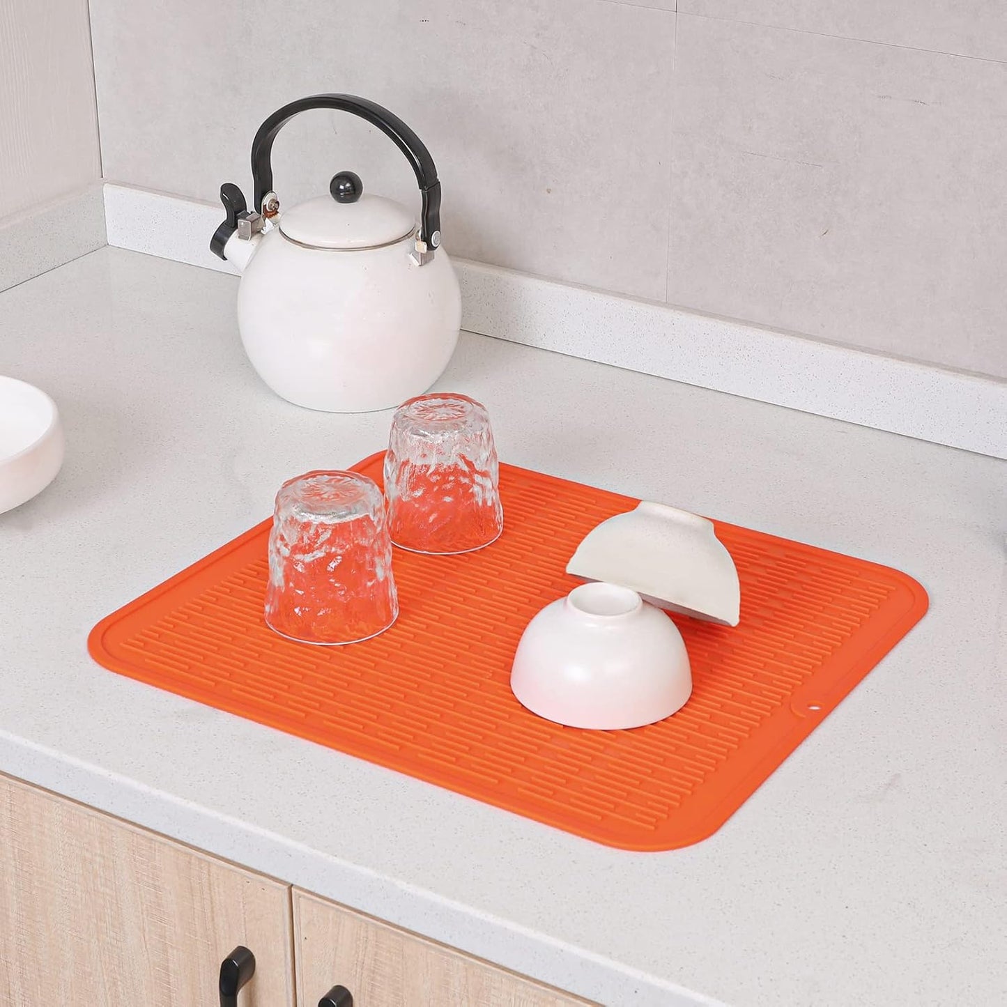 Silicone Dish Drying Mat for Multiple Usage,Easy clean,Eco-friendly,Heat-resistant Silicone Mat for Kitchen Counter or Sink,Refrigerator or Drawer Liner Orange XL 18 inches x 16 inches