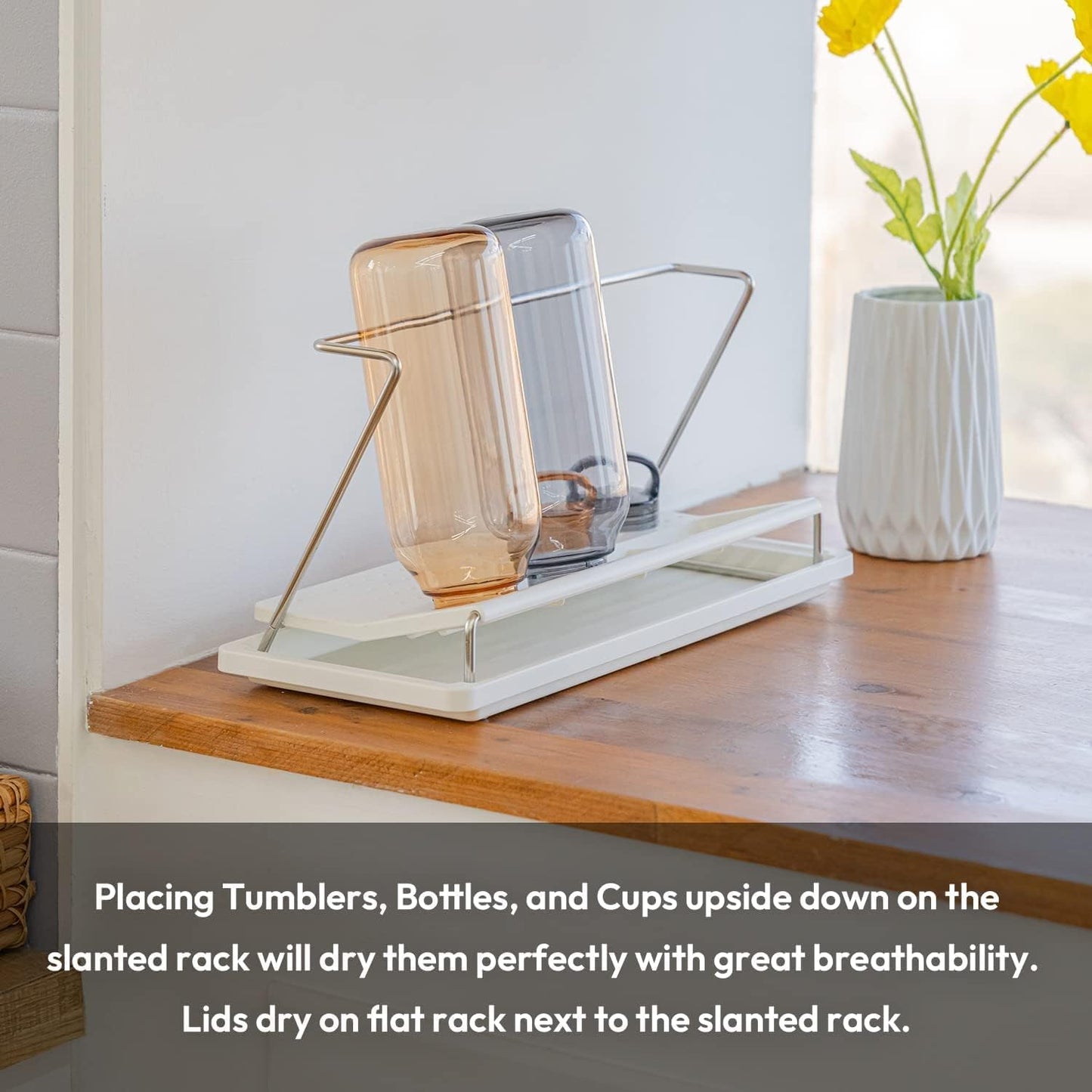 carrotez Bottle Drying Rack, Tumbler Rack with Drain Tray - Narrow and Wide Openings with Various Capacity, Mug Type and Cup Type - White