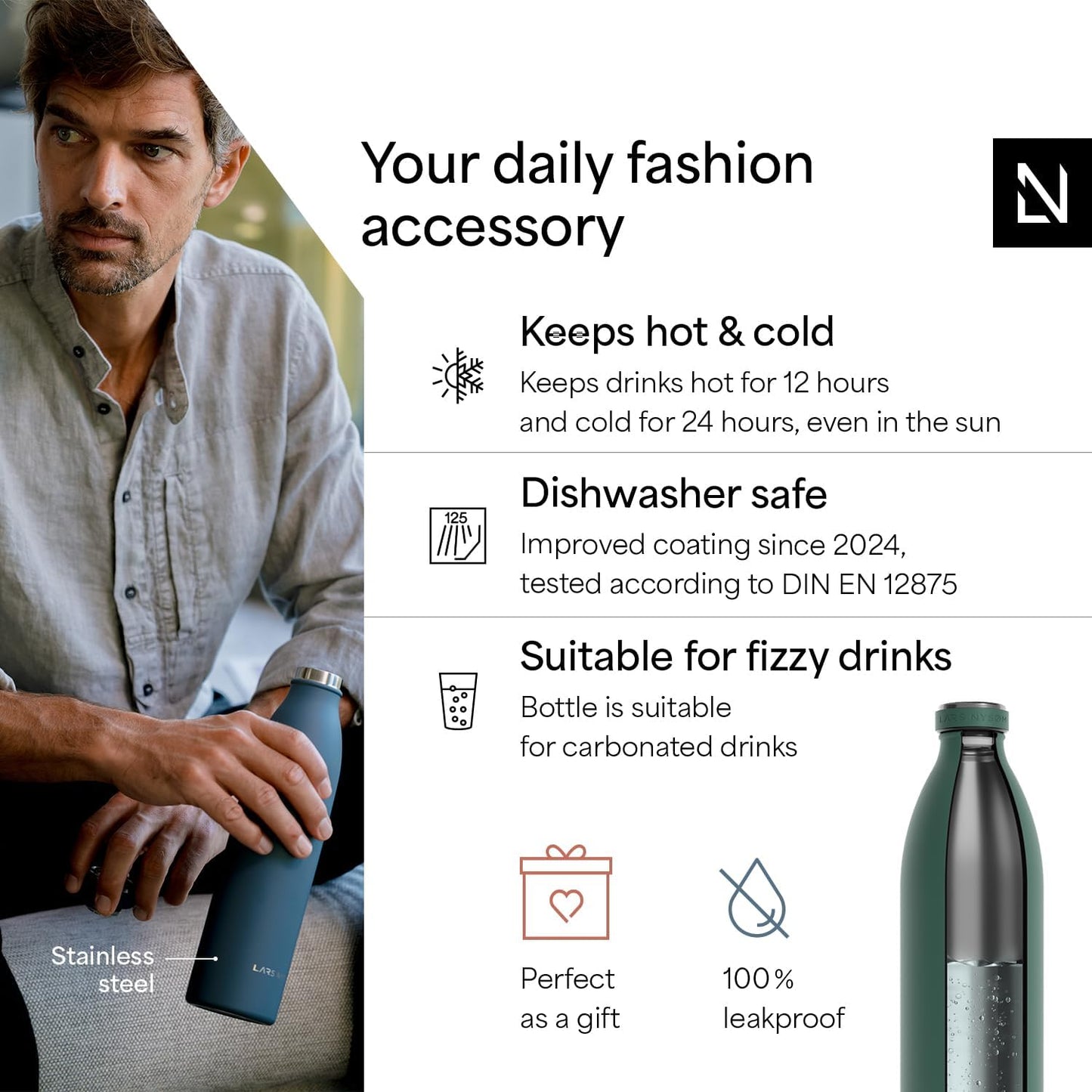 LARS NYSØM Stainless Steel Insulated XL Water Bottle 12oz 17oz 25oz 34oz 51oz | Insulated Thermo Flask for Hot and Cold Beverages | Leakproof Drinking Bottle (Pine Green, 50.7 oz)