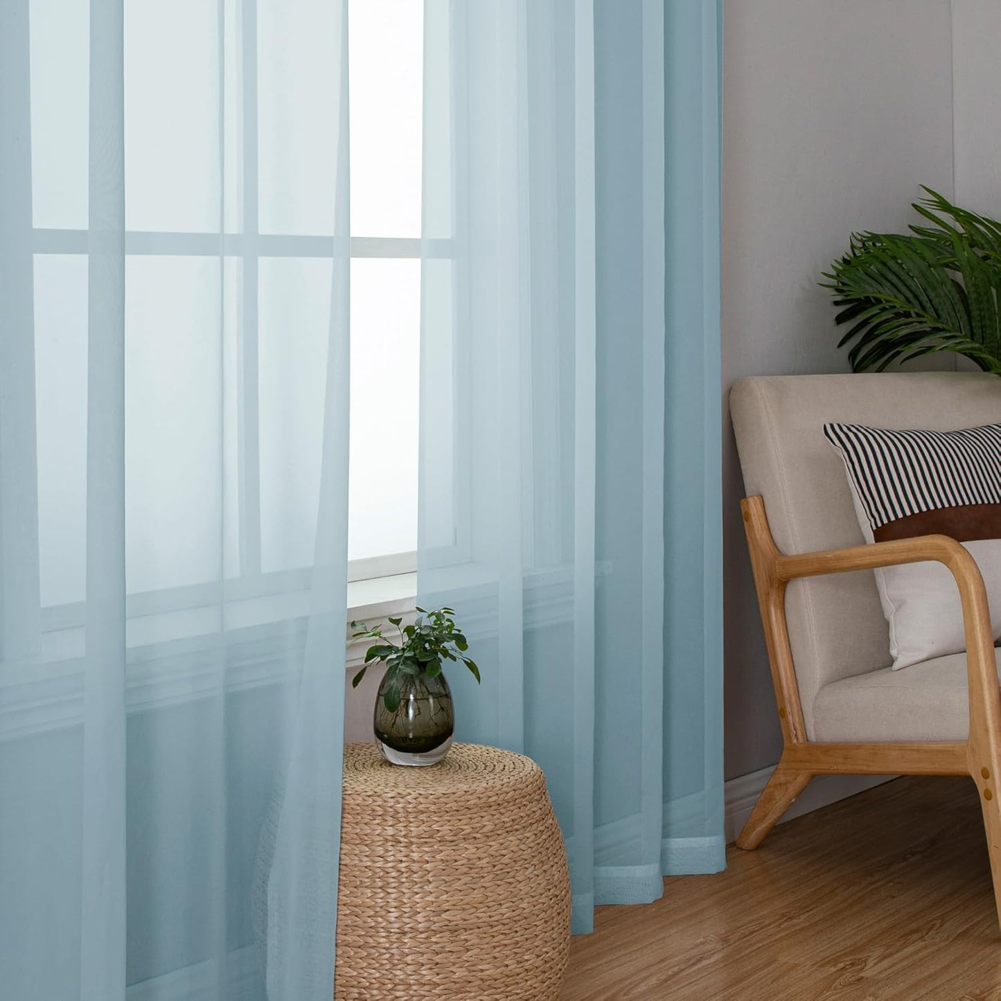 Chyhomenyc Sky Blue Sheer Curtains 54 Inch Long 2 Panels, Light Filtering Rod Pocket Voile Short Curtains Drapes for Living Room Bedroom Small Windows, 42Wx45L Inches