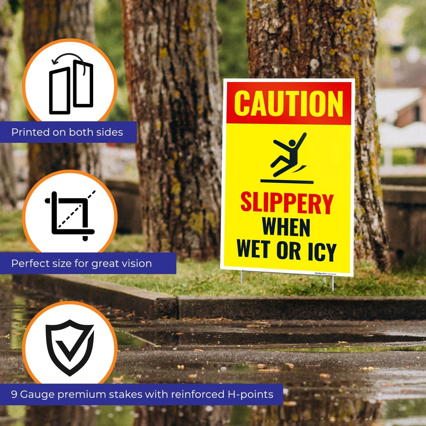 Caution Slippery When Wet or ICY Sign, (SI-84404) (2 Pack) Double Sided 12x18 Inches, Corrugated Plastic with Metal H Stake, Made in USA by Sigo Signs