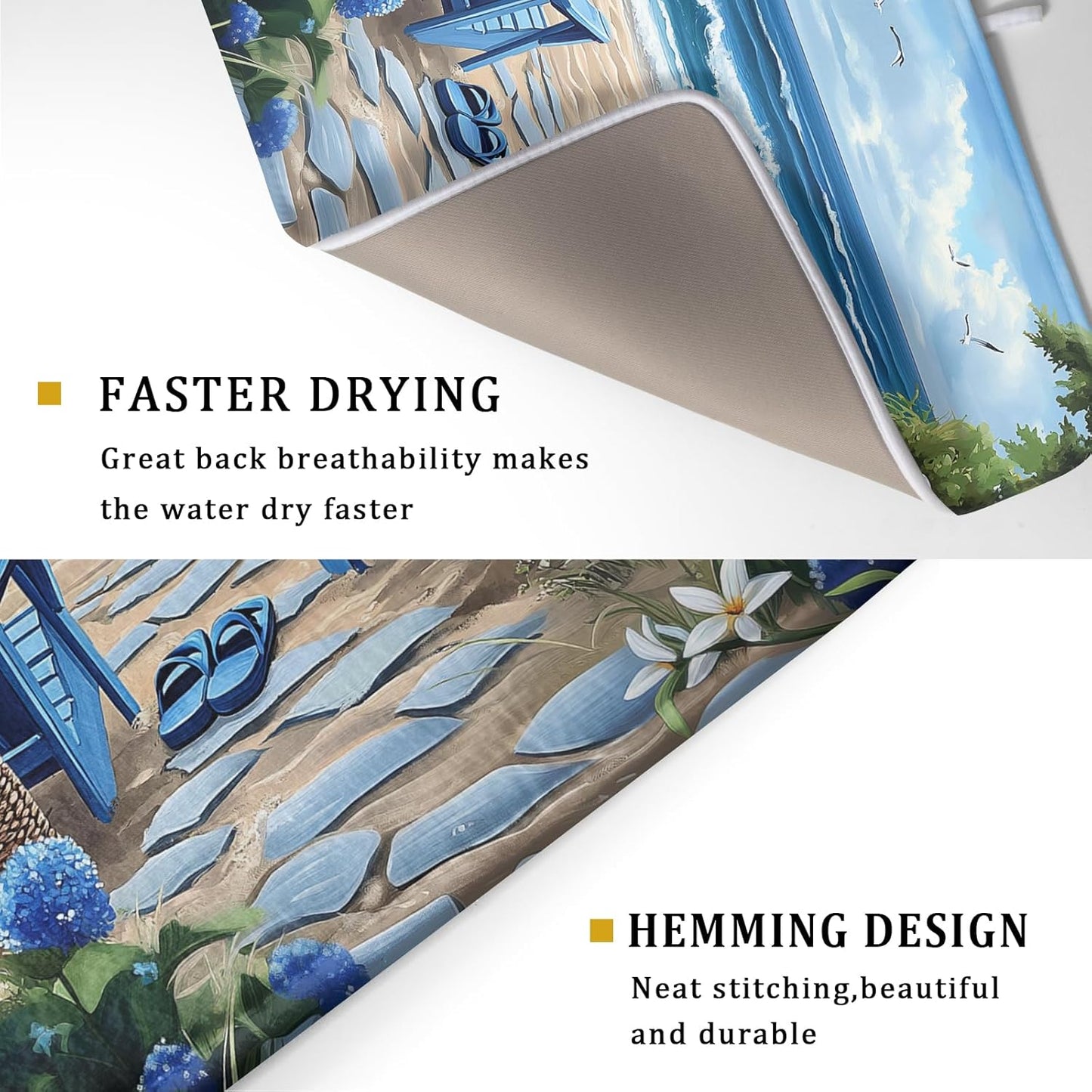 Summer Beach Dish Drying Mat 18x24 Inch Sea Shells Flowers Kitchen Mats Blue Microfiber Absorbent Dish Drainer Rack Mats Non-Slip Ocean Themed Sink Dishes Pad for Kitchen Counter Coffee Bar