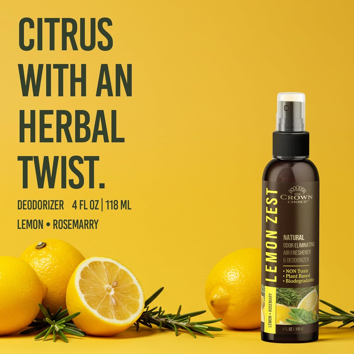 Lemon Zest Natural Air Freshener Spray for Home— Citrus Scent Non-Toxic Odor Eliminator, Long Lasting Freshness — Pet Odor Eliminator, Bathroom Spray, Room Deodorizer—Safe for Kids & Pets - 1PK 4 Oz