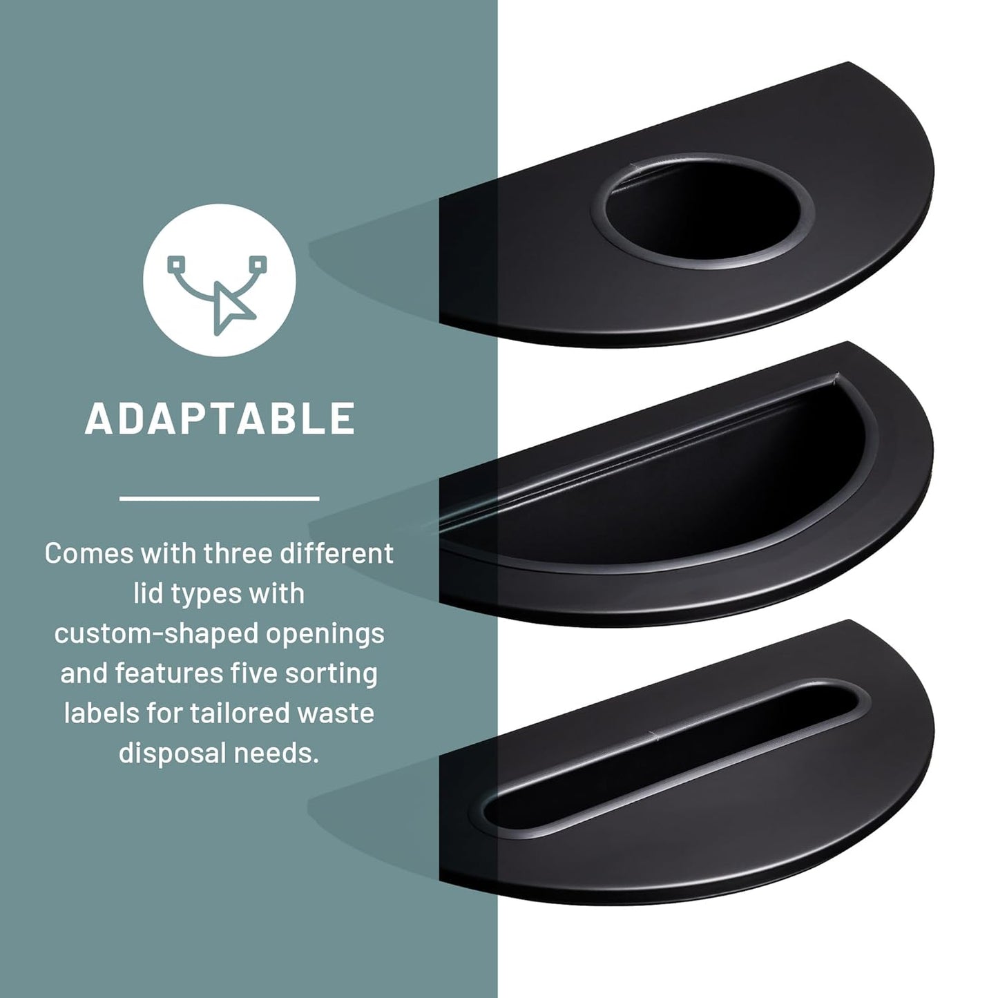 Safco Trash Can, 15 Gallon Garbage Bin with Dual Trash and Recycling Lids, Half Round, Black