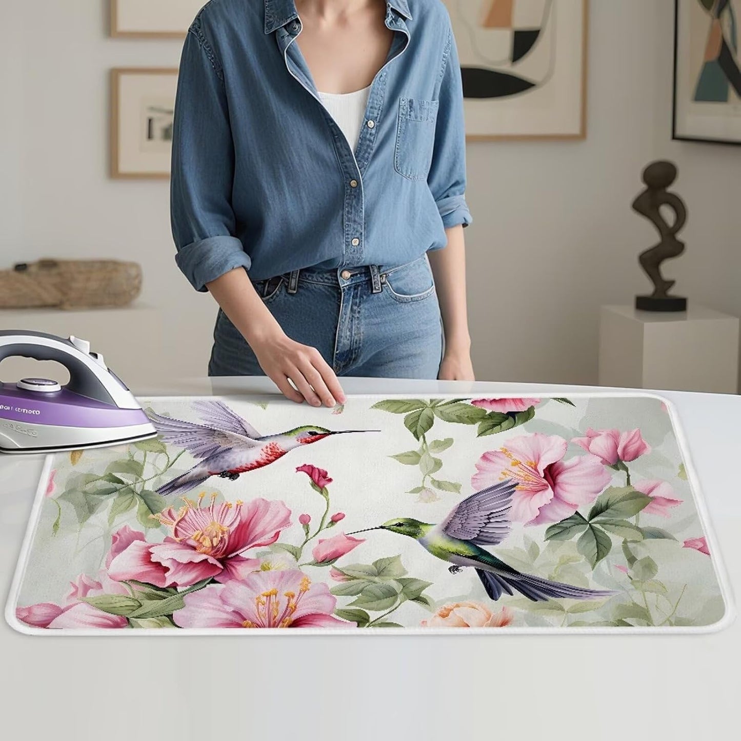 Hummingbird Ironing Mat for Table top Washer,Dryer,Countertop,Floral Print Portable Iron Pad Blanket for Washer Dryer Countertop Travel 32 x 16 Inch Small Ironing Pads