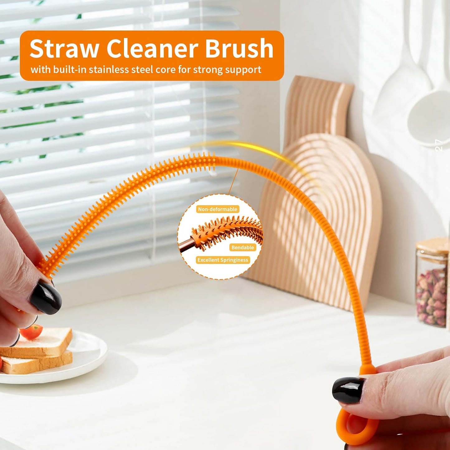 2Pcs Silicone Straw Cleaner Brush, 9.84in Reusable Straw Cleaner with Bendable Steel Core, Extra Long Soft Bottle Brush for Clearing Glass Straws, Smoothie Straws, 9mm&6mm (Orange)