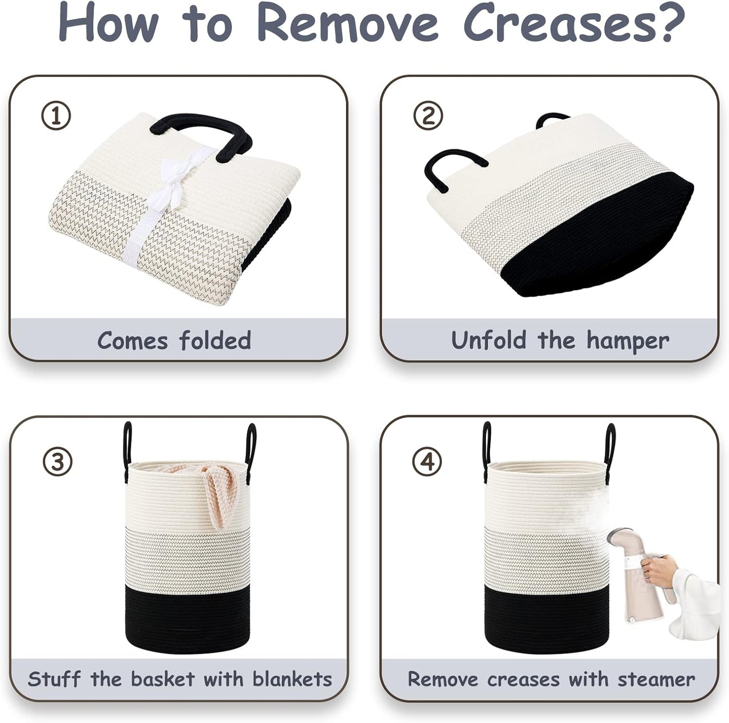 VIPOSCO Large Laundry Hamper, Tall Woven Rope Storage Basket for Blanket, Toys, Dirty Clothes in Living Room, Bathroom, Bedroom - 100L White & Black