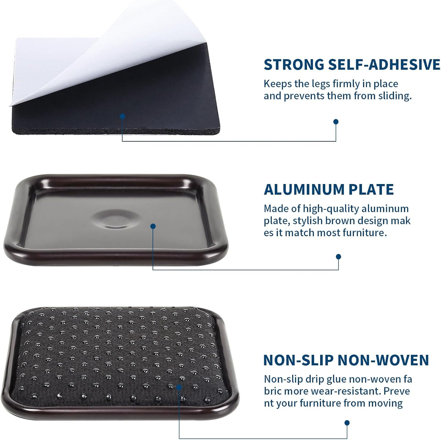 Ezprotekt 2 1/2" Square Non Slip Furniture Pads with Drip Glue Non-Woven Fabric Bottom, 16 Pcs Anti Skid Furniture Coasters Cups Floor Protectors for Bed, Sofa, Table, Chair, Cabinet, Brown/Black