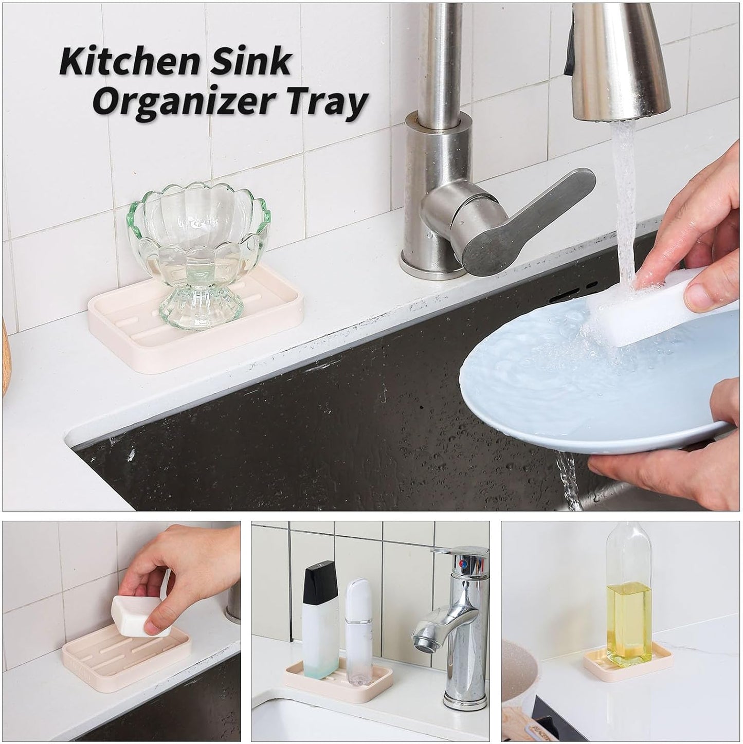 Silicone Kitchen Sink Organizer Tray for Multiple Usage,Easy Clean Sponges Holder for Kitchen Bathroom Counter or Sink,Dish Soap Dispenser,Scrubber,Bottle,Cup Tapioca 4.9”x 3.2”