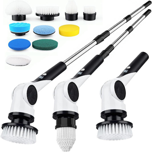 Electric Spin Scrubber with 10 Replaceable Brush Heads, IPX7 Waterproof Shower Scrubber with Long Handle, 3-Speed Adjustable Bathroom Scrubber Electric with Rotating Cleaning Brush