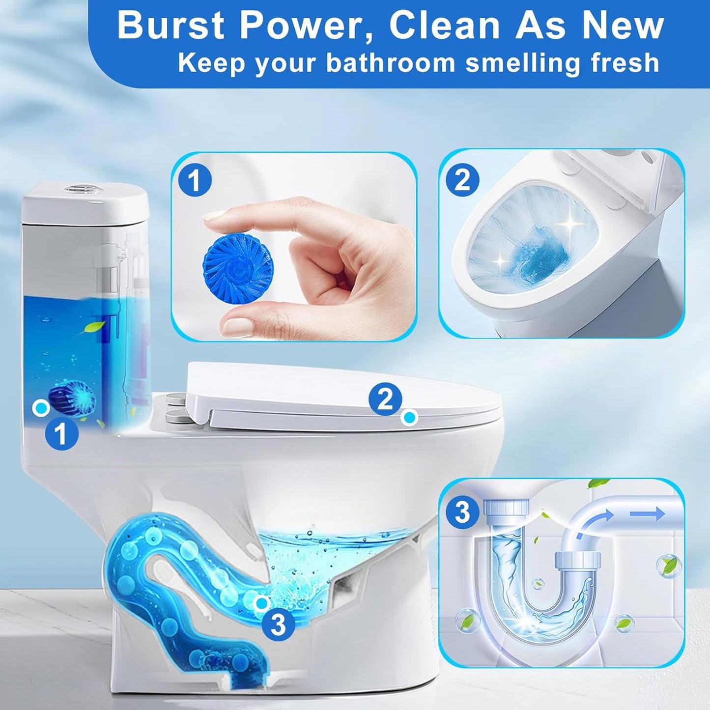 Toilet Bowl Cleaner, Automatic Toilet Tank Cleaner Tablets, Blue Toilet Bowl Tablets for Deodorizing & Descaling, Powerful Cleaning, Slow-Release Against Tough Stains 20 Pack