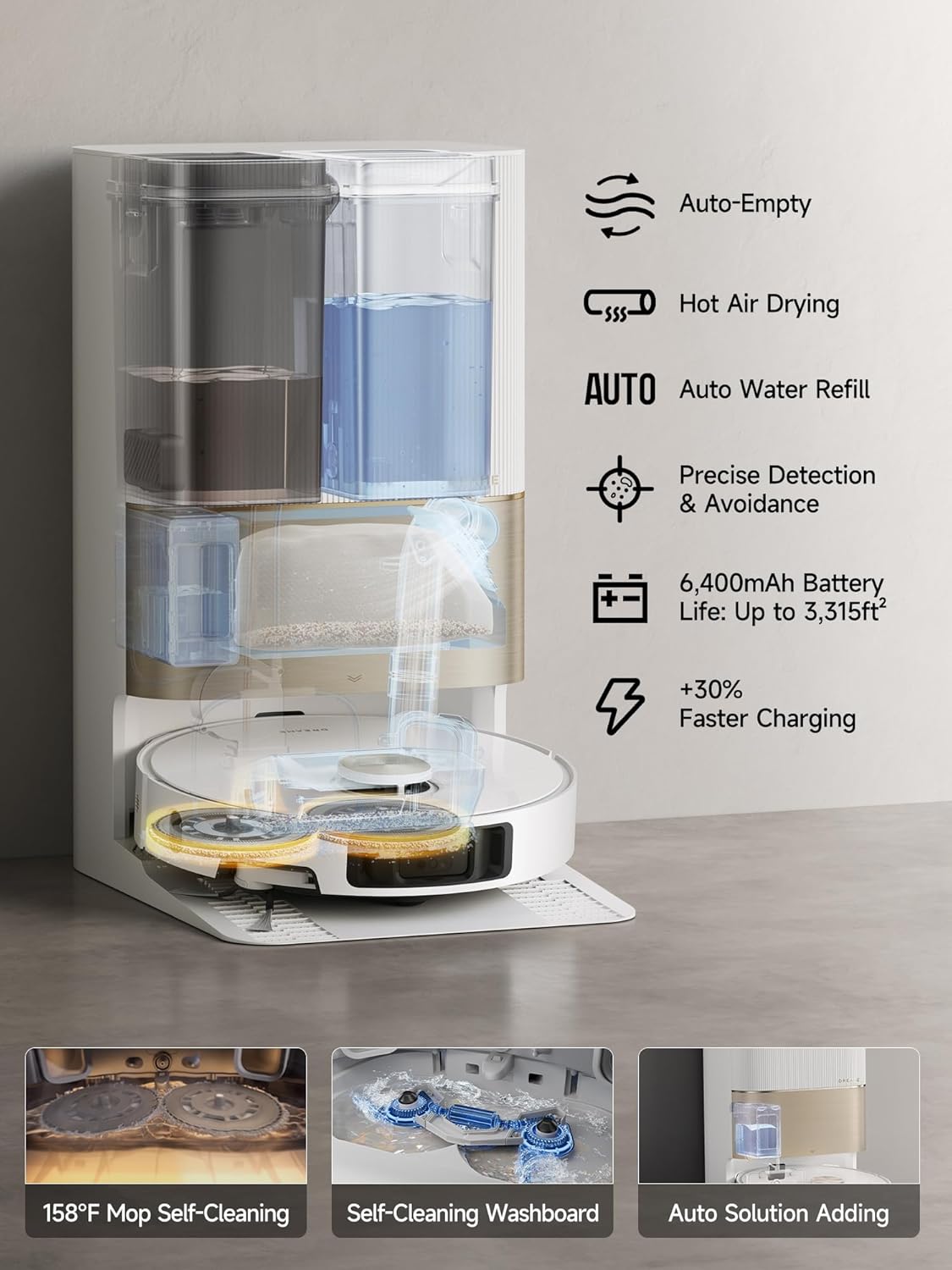 DREAME X40 Ultra Robotic Vacuum with Removable & Liftable Mop, 12,000Pa Suction, Side Brush Extensive Cleaning, 158°F Mop & Washboard Self Cleaning, Auto-Empty, Auto Refill, liftable Brushes White