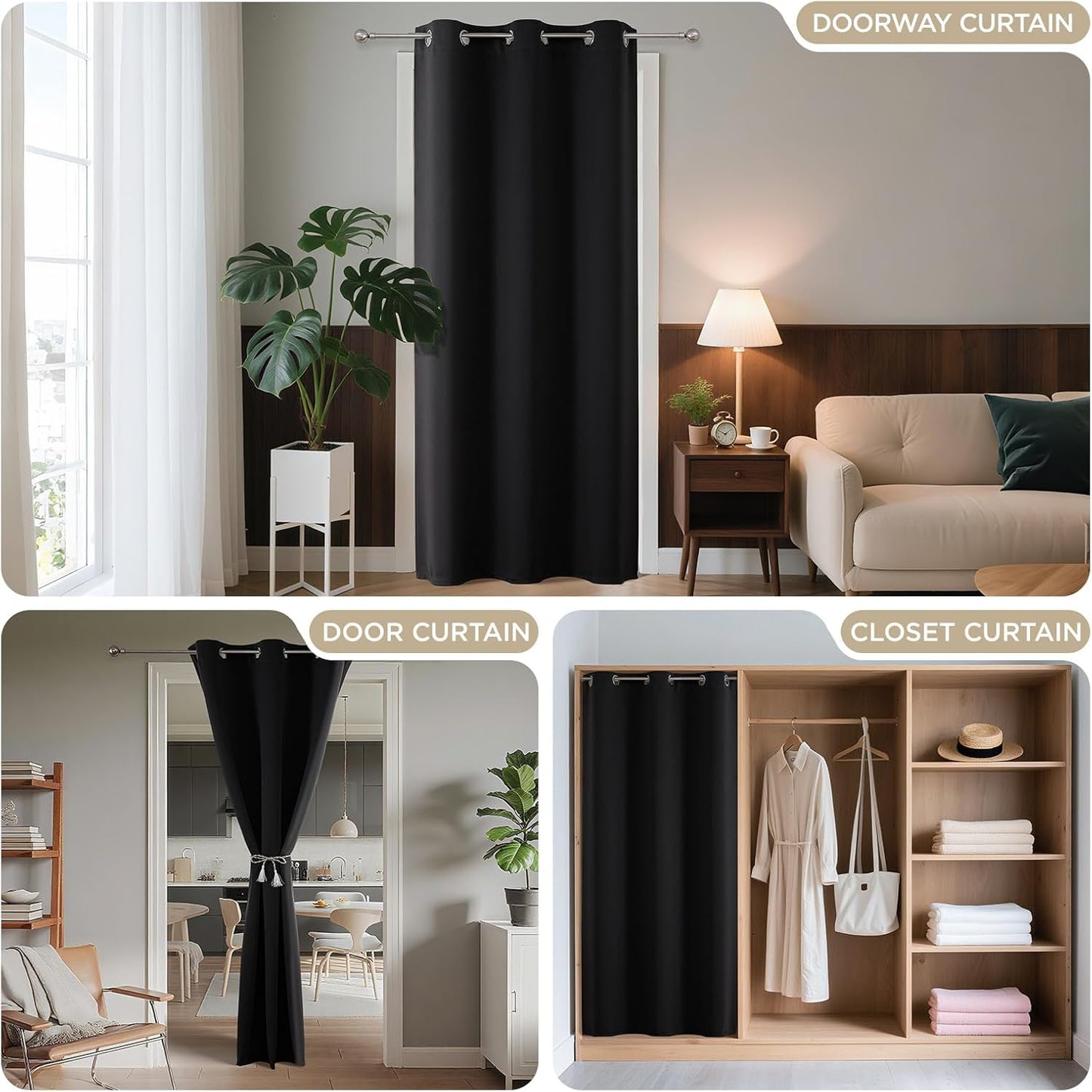 Joydeco Blackout Door Curtain for Doorway Privacy 78 Inches Long, Grommet Closet Curtain for Open Closet, Room Divider for Bedroom Living Room (Black, 52Wx78L, 1 Panel)