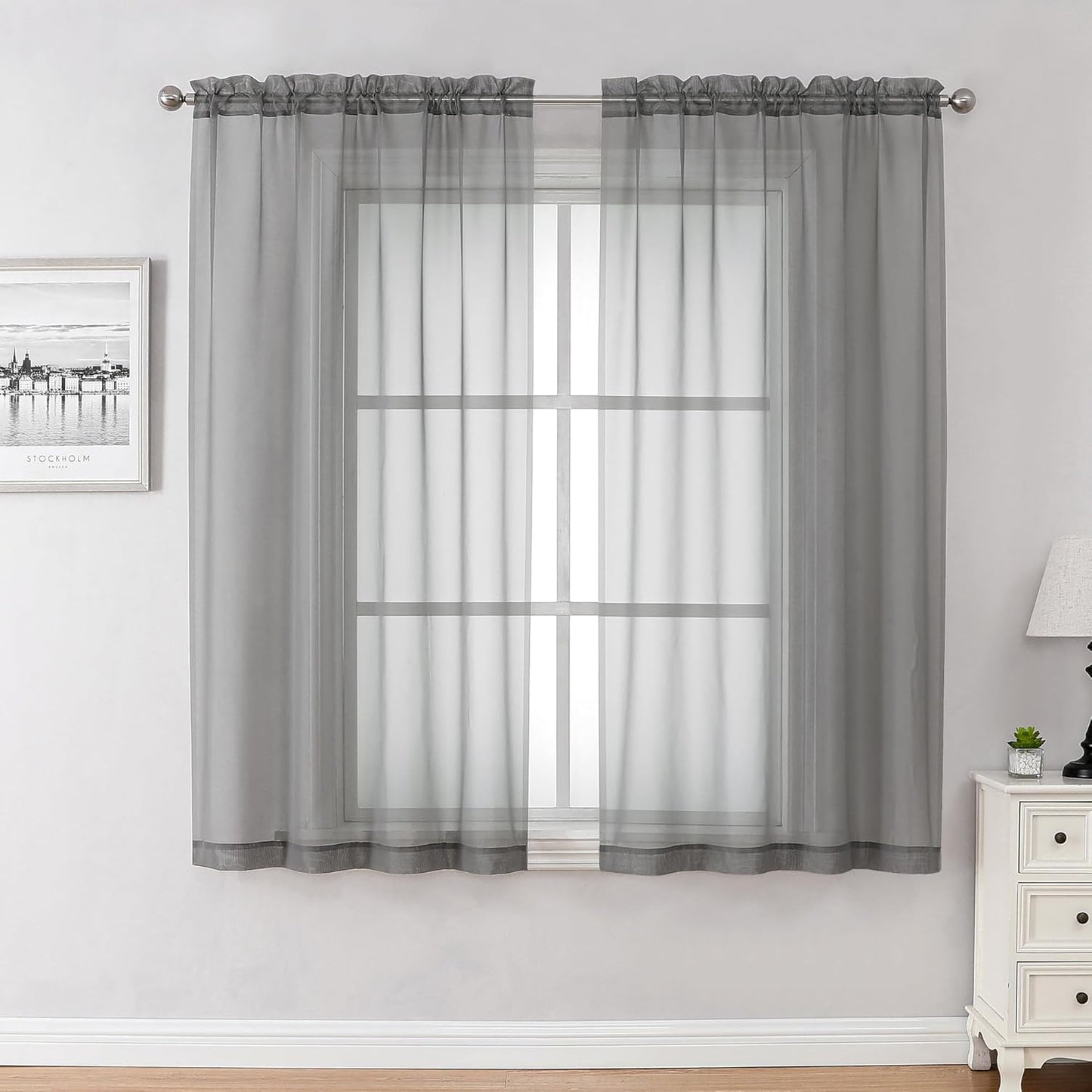 Chyhomenyc Charcoal Grey Sheer Curtains 45 Inch Long 2 Panels, Light Filtering Elegant Lightweight Soft Rod Pockets Drapes for Small Window Bathroom Living Room Bedroom, 42W x 45L inches