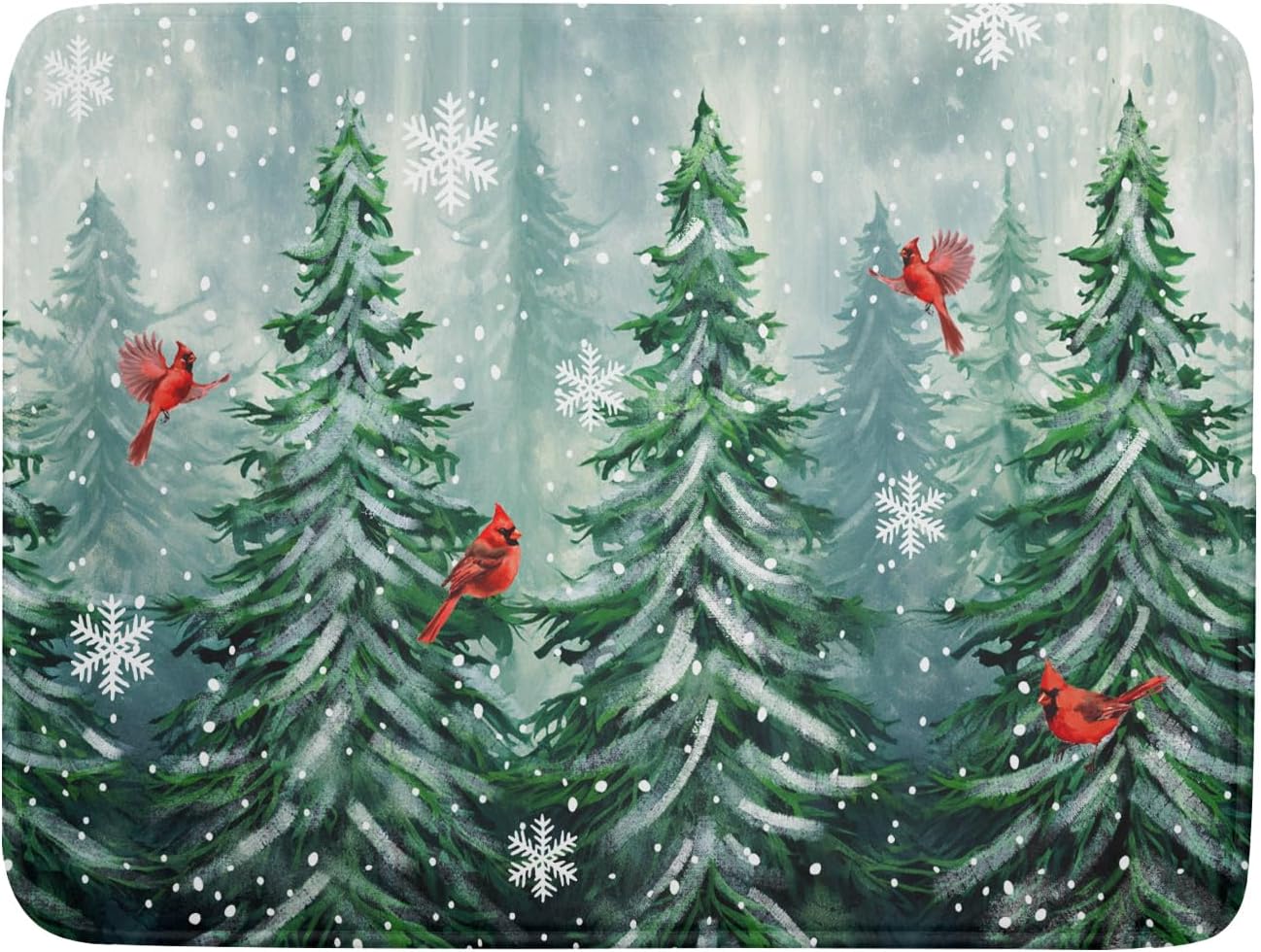 Welcome Winter Pines Tree Dish Drying Mat, Winter Snowflake Dish Drying Mat for Kitchen Counter, Red Birds Absorbent Fast Dry Dish Drainer Mat Protector Xmas Microfiber Dish Drying Pad 16"x18"