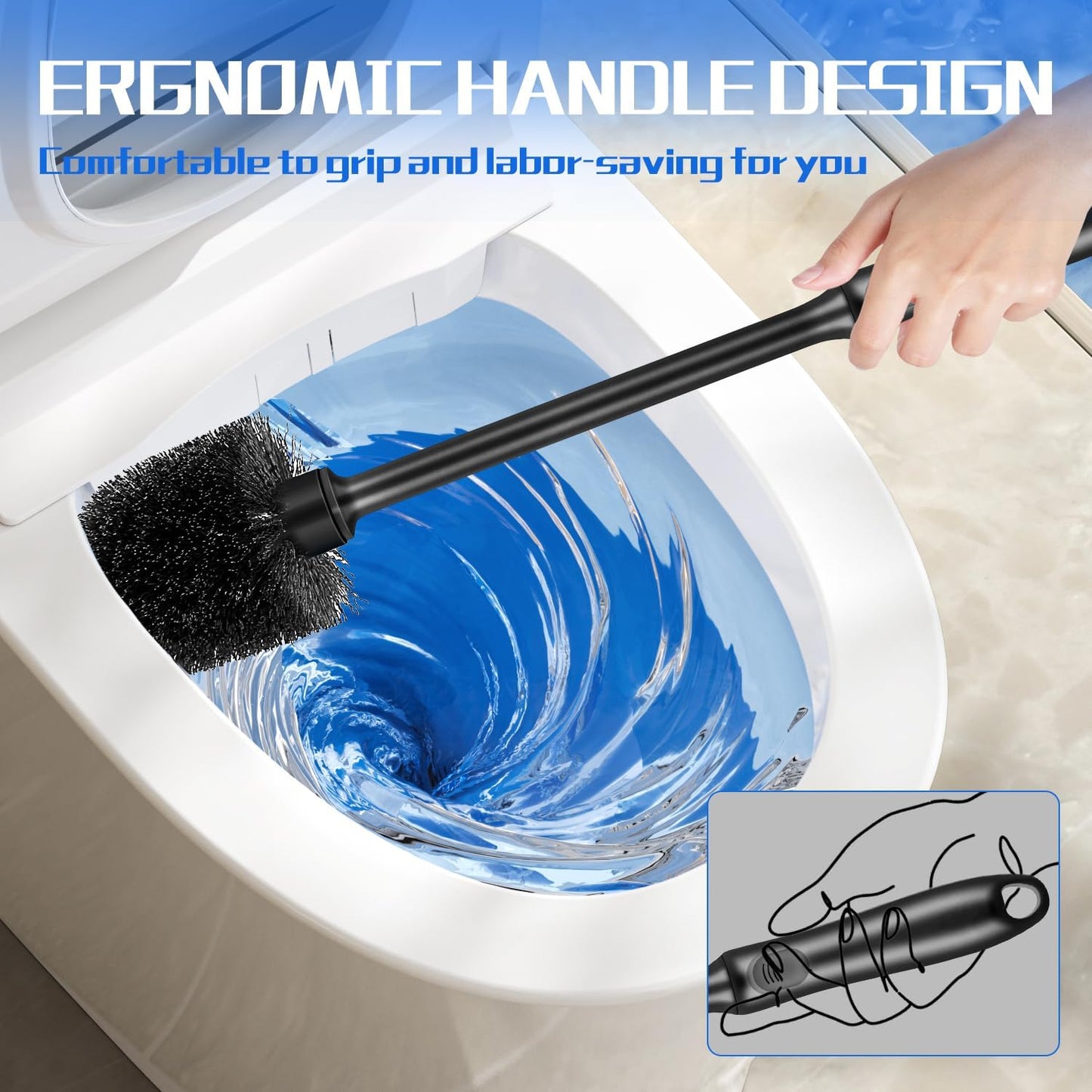 Toilet Brush and Holder 2 Pack with Long Handle - Non-Slip Grip Toilet Bowl Brush Set for Deep Cleaning Bathroom, Toilet Scrubber- Black