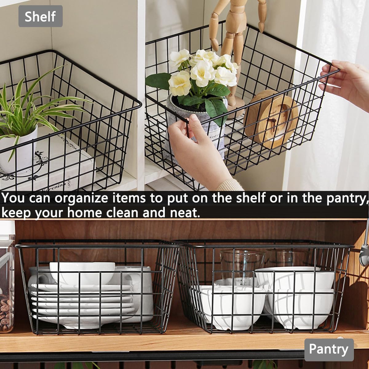 5 Pack Wire Storage Baskets, Premium Pantry Baskets for Storage, Metal Freezer Storage Organizer Baskets Bins with Handles for Kitchen Cabinets, Pantry, Bathroom (Black, Small)