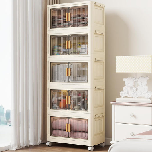 5 Tier Stackable Plastic Storage Bins with Lids 48QT, Collapsible Closet Organizers and Storage with Wheels for Living Room,Office,Dorm