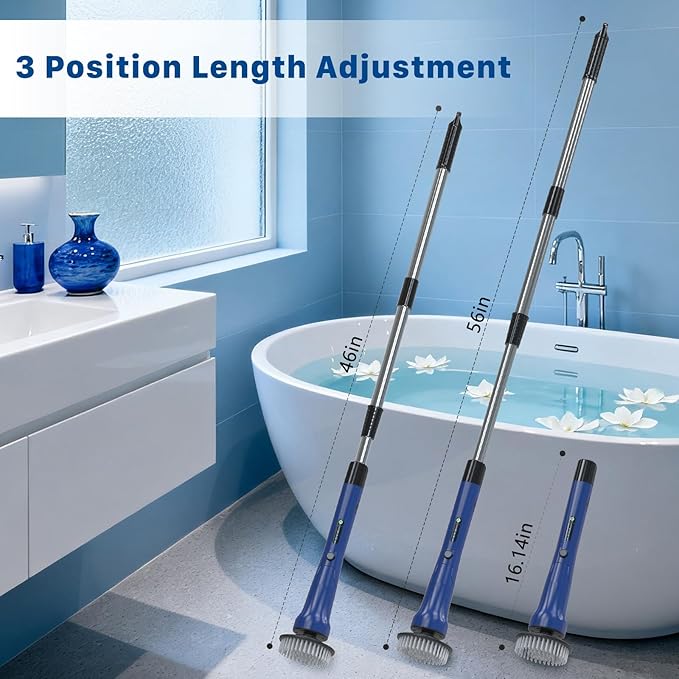 Electric Spin Scrubber, Hillyfe Bath Scrubber for Cleaning with 7 Replaceable Brush Heads, IPX7 Waterproof,300/400 RPM, 3 Adjustable Size,Cordless Shower Cleaner Brush for Bathroom Floor,Blue