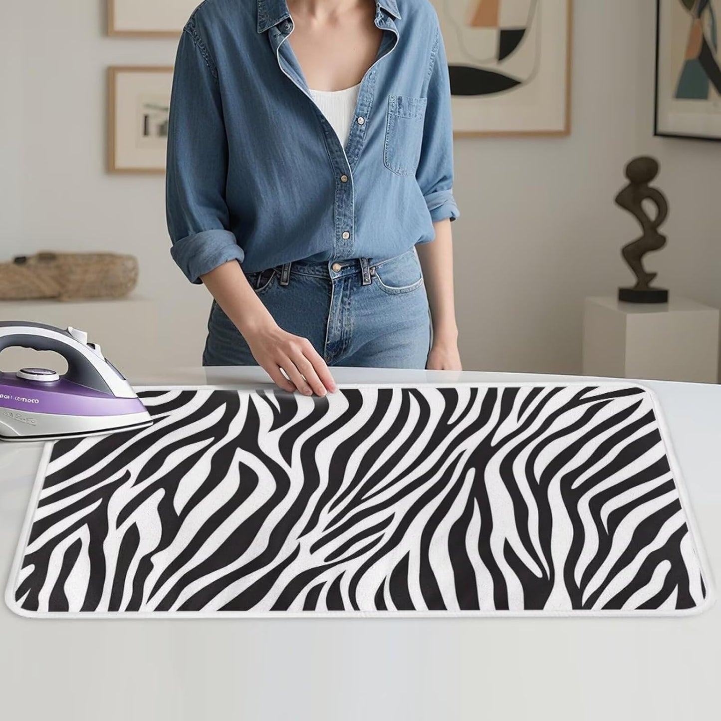 Zebra Print Ironing Mat Portable Iron Pad Magnetic Cover and Padding for Top of Washer, Dryer, Tabletop, Countertop,Travel Small Size Ironing Pads 32 x 16 Inch