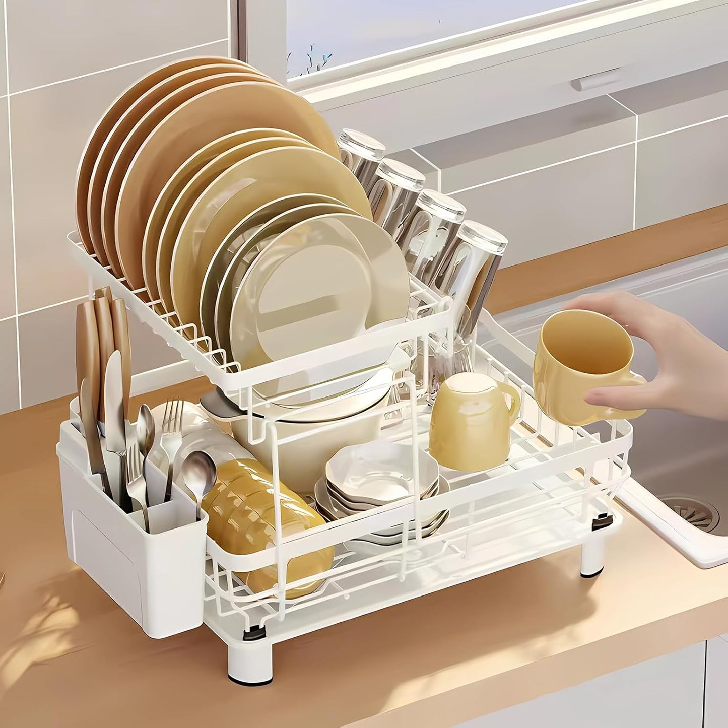 Dish Drying Rack, Space Saving & Durable, Rust-Proof Large 2 Tier Stainless Steel Dish Racks for Kitchen Counter with Cutlery & Cup Holder & Drainboard -White