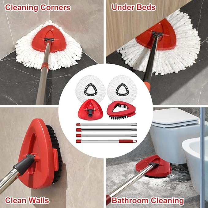 Spin Mop Handle Mop Heads Mop Base Mop Scruby Brush Replacement Sets Combo Compatible with Ocedar EasyWring 1 Tank Spin Mop System (1 Sets Stainless Steel Mop Handle +2 White Heads +1 Base +1 Brush)