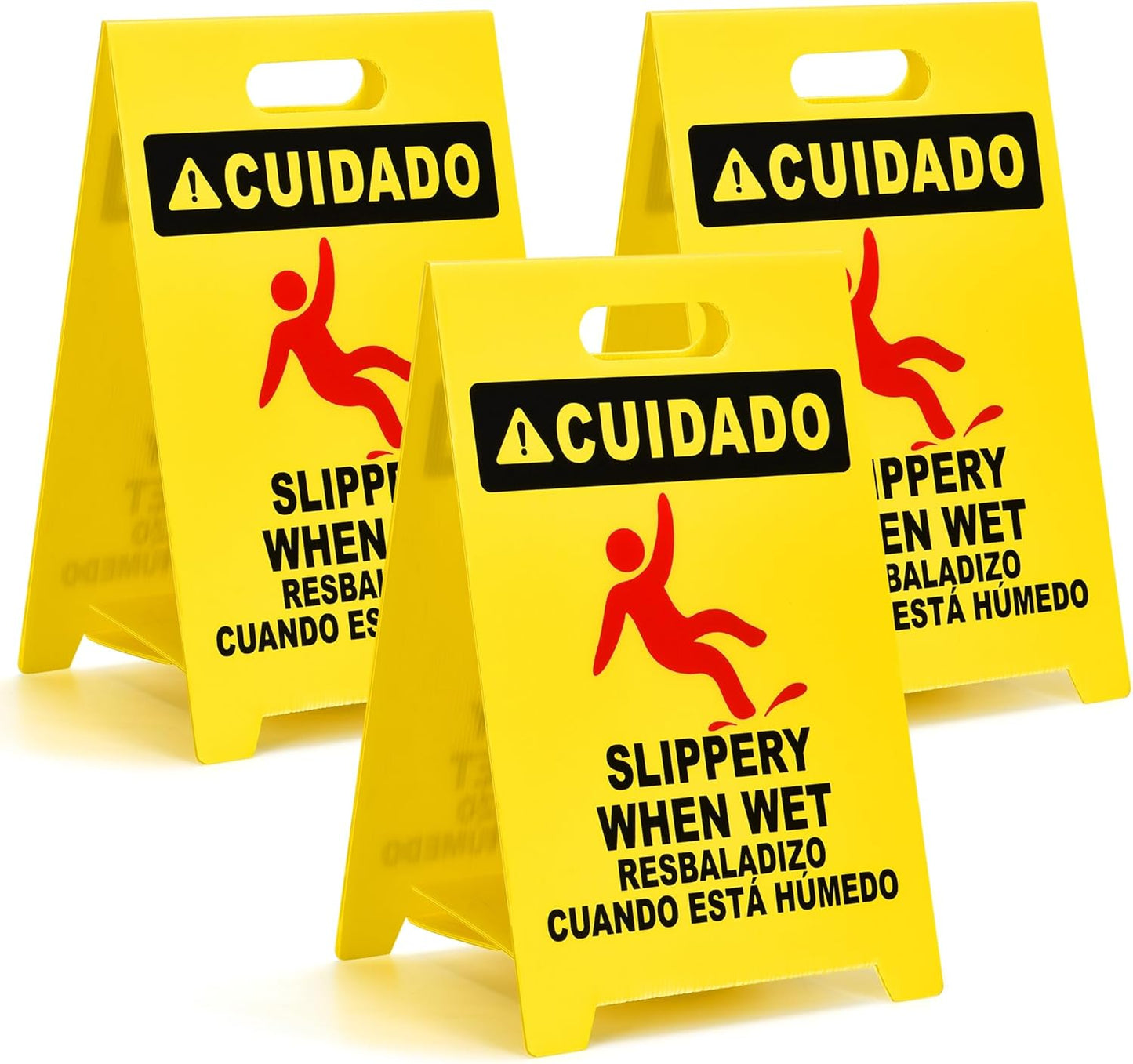 MATTHEW CLEANING 19'' Industrial Wet Floor Sign 3 Pack 2-Sided Durable Corrugated Plastic Birght Yellow Multilingual Warning Signs Commercial Caution Wet Fold-out Floor Signs For Indoors