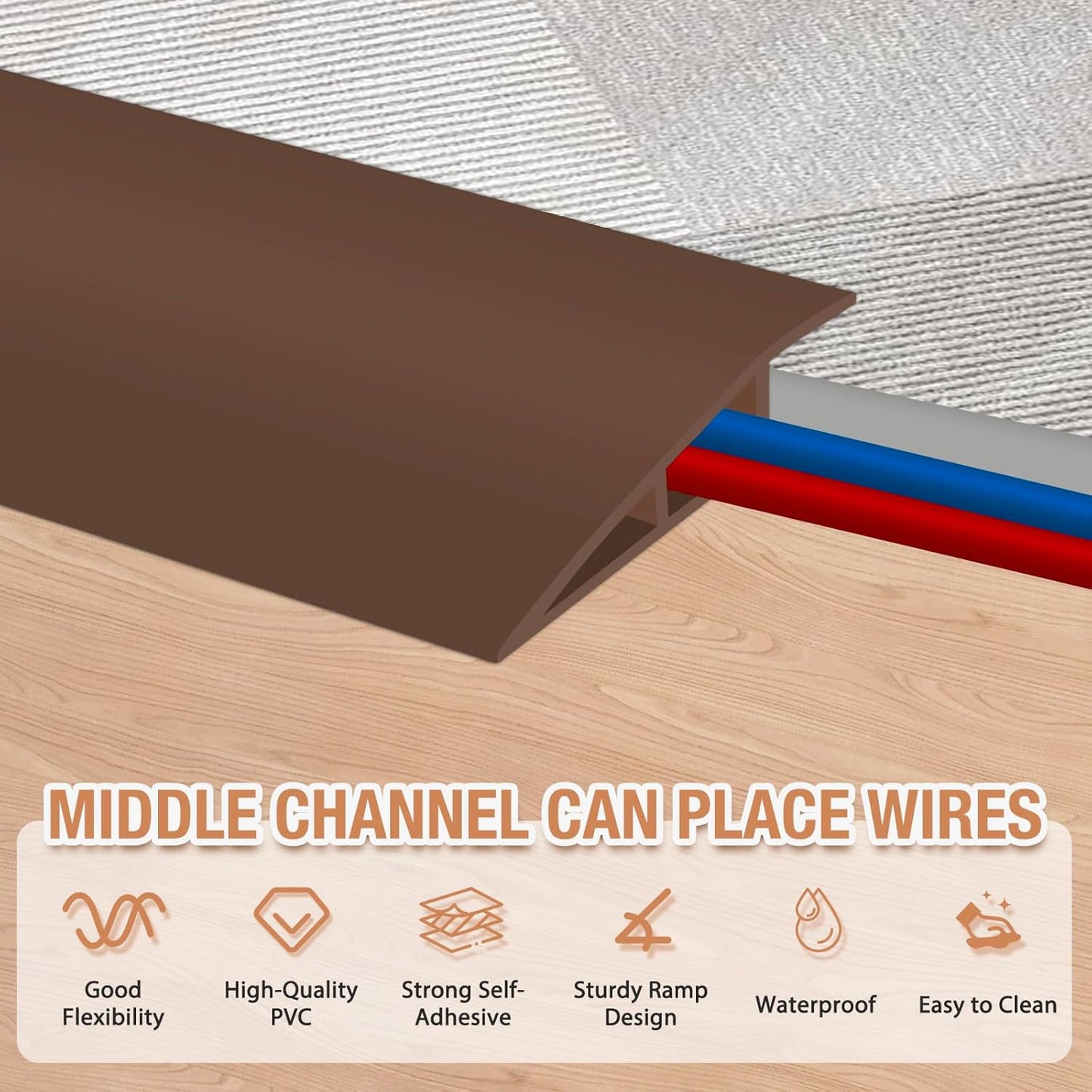 Floor Transition Strip Self Adhesive Vinyl Door Threshold for Doorways Carpet Edging Trim Overlap Edge Reducer for Laminate Floor, Carpet, Tile (Brown, 3/5" to 4/5", 6.6Ft)