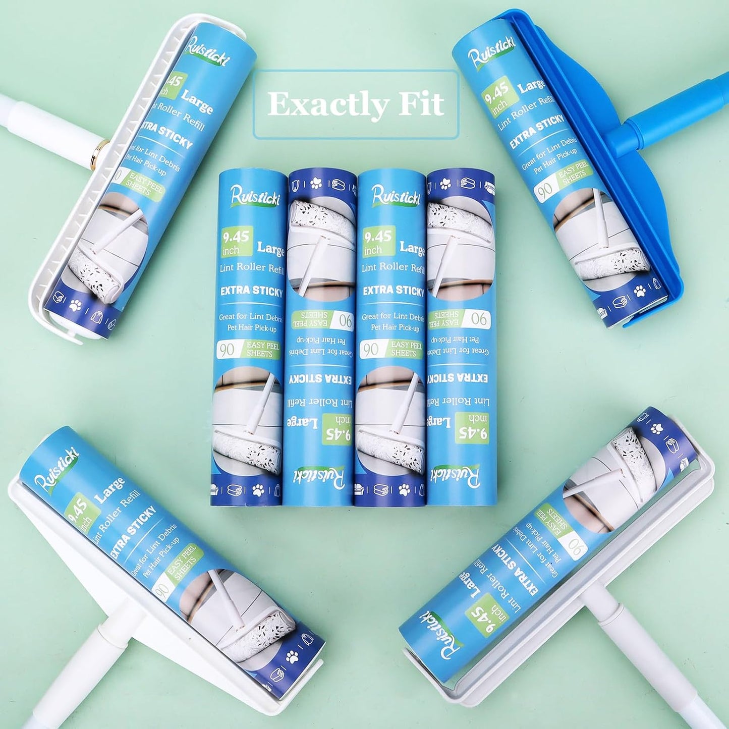 9.45 inch Lint Roller Refills for 9.4'' - 9.5'' Large Lint Rollers Extra Sticky Roller Refills Replacment for PetLovers Delomo and More Floor Rollers 90 Sheets per Refill, 4 Pack, 360 Sheets Total