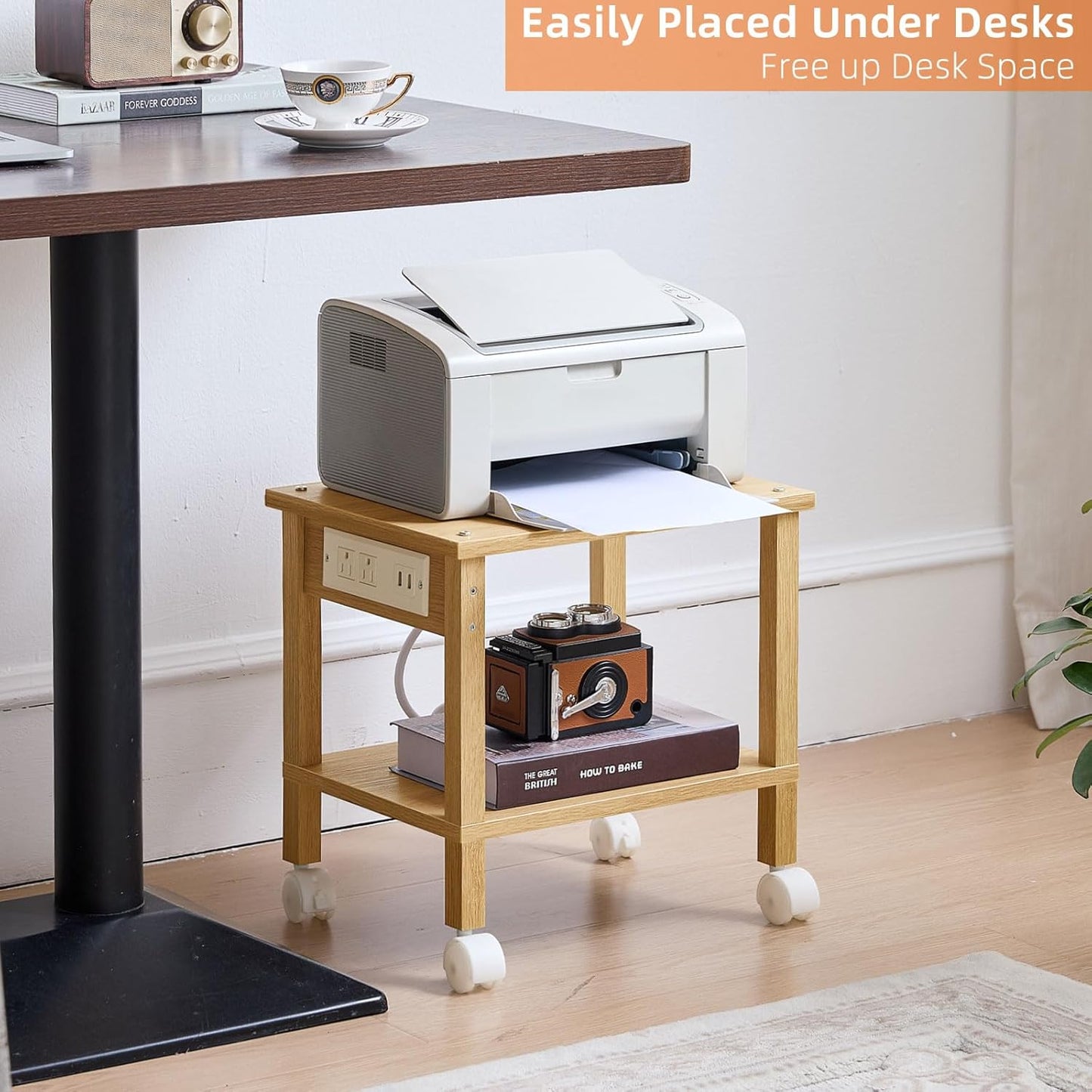 Lerliuo Under Desk Printer Stand with Charging Station, 2 Tier Wooden Small Printer Table with Storage, Rolling Printer Cart Shelf with Lockable Wheels for Home, Office (Natural)