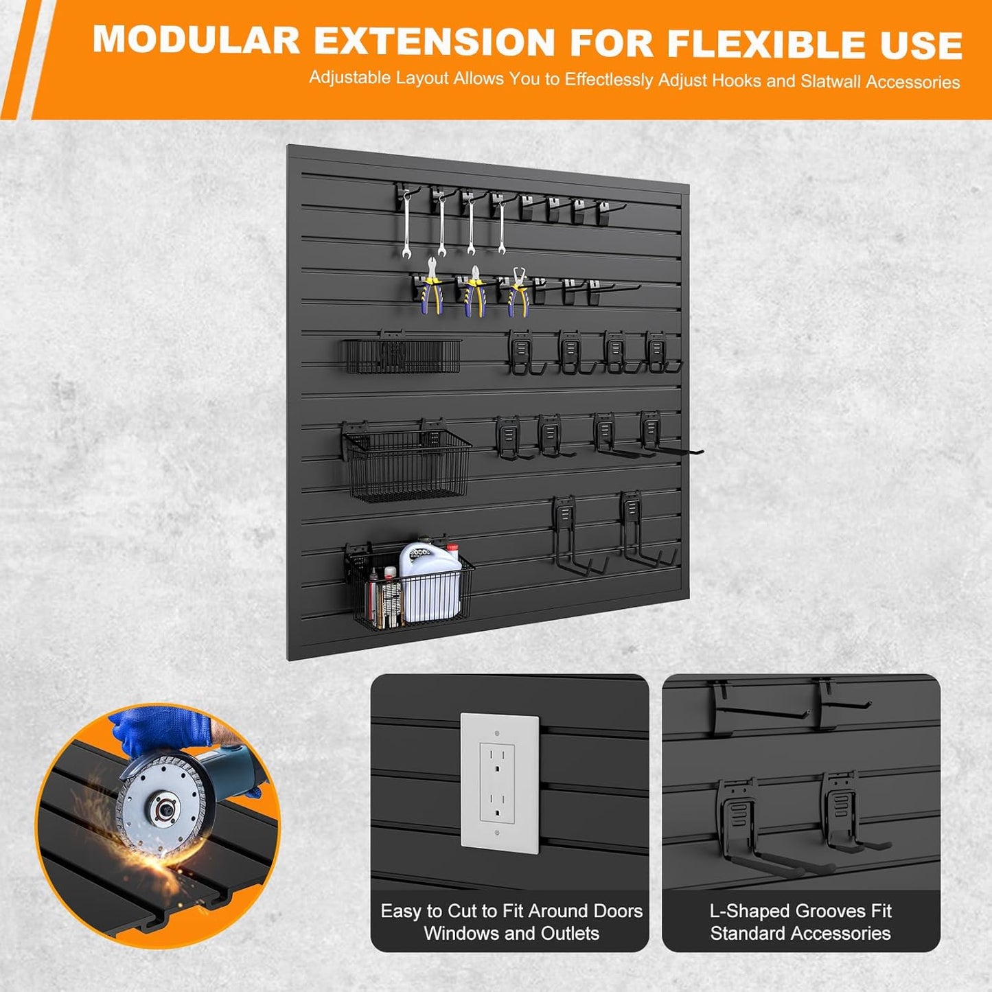 DoCred Slatwall Paneling Organizer, 4x4 FT PVC Garage Slat Wall Storage Systems, Heavy Duty Mounted Slat Peg Board for Tool Organization Ladder Bike Includes 27 PCS Hooks Accessories Kit (Black)