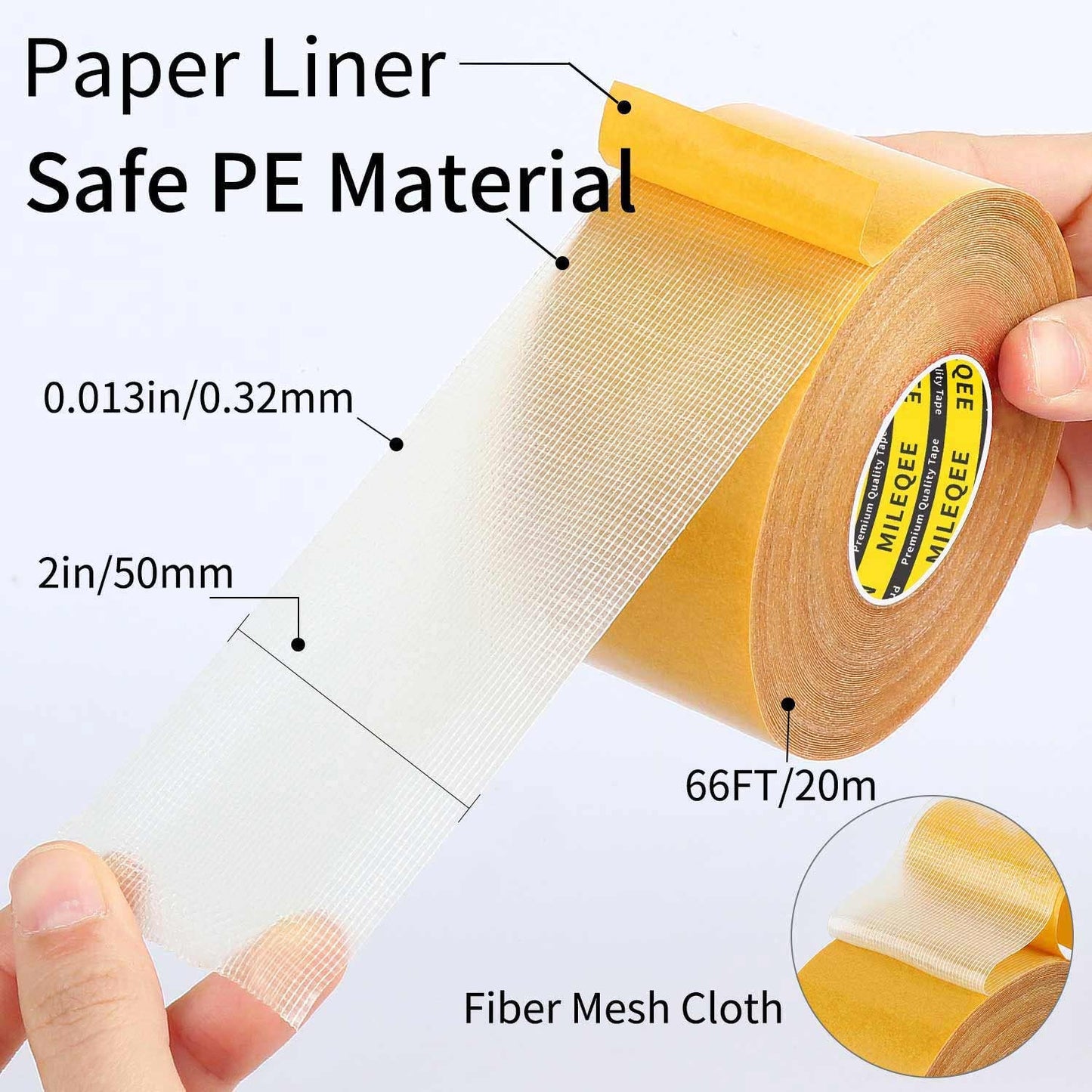 Double Sided Tape Heavy Duty, 2" x 66FT(20m), Universal High Tack Strong Wall Adhesive with Fiberglass Mesh, Super Sticky Resistente Clear Tape, Easy Use Mounting Tape for Home Office School