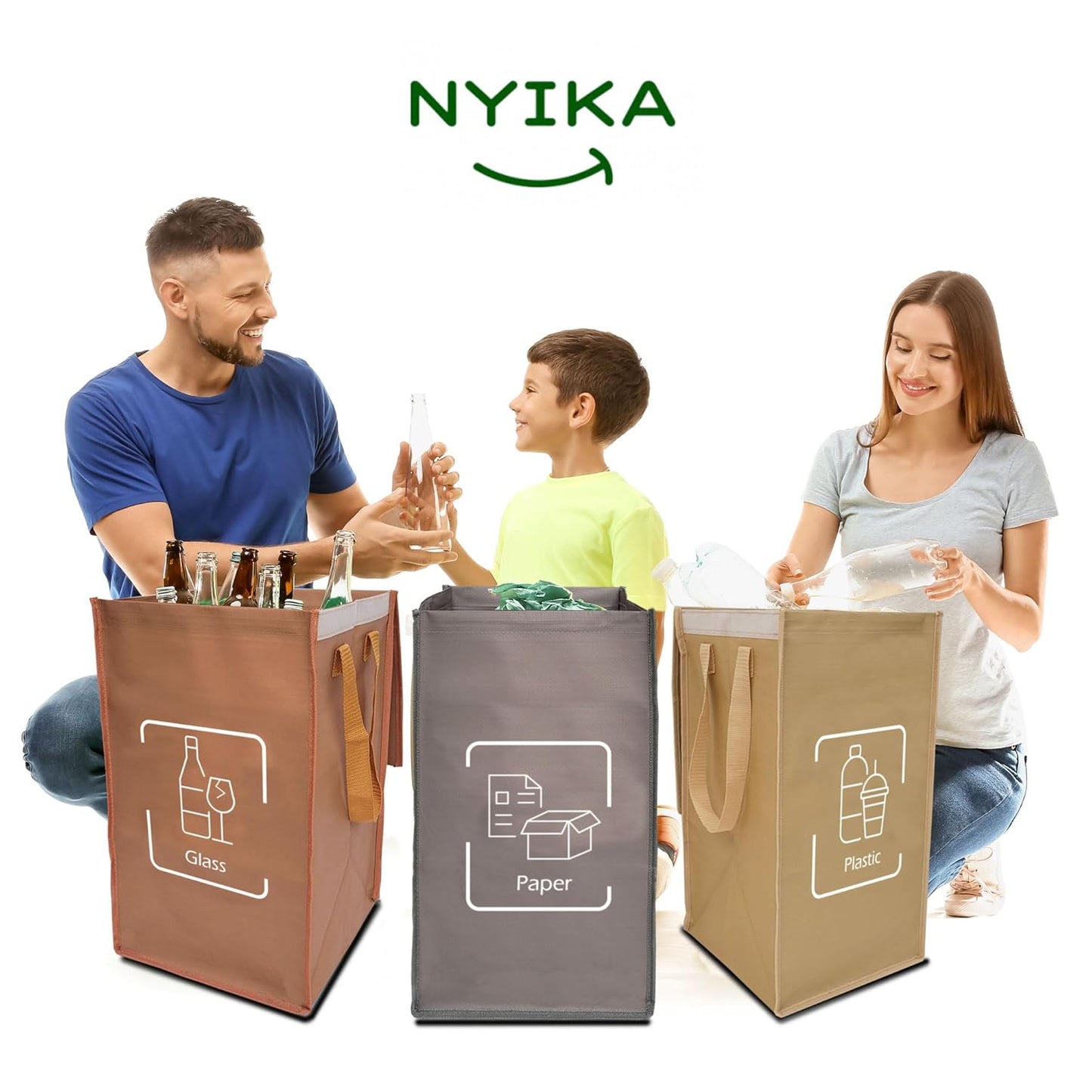 NYIKA - Recycling Organizer - Reusable Recycling Bags - Recycling Sorter - Trash Sorting Bins - 3 Compartment Recycle - Pack of 3 Bags with Lid