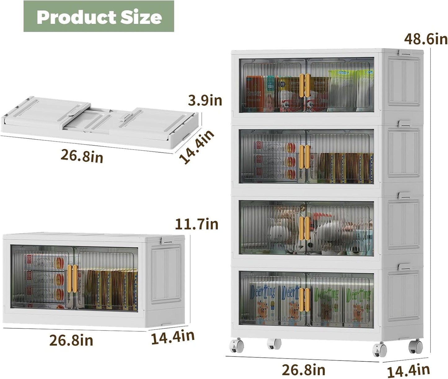 80Gal Stackable Plastic Storage Bins with Lids, Collapsible Closet Organizers and Storage with Wheels for Living Room,Office,Dorm 26.8" W x 14.4" D x 48.6" H, 4 Tier