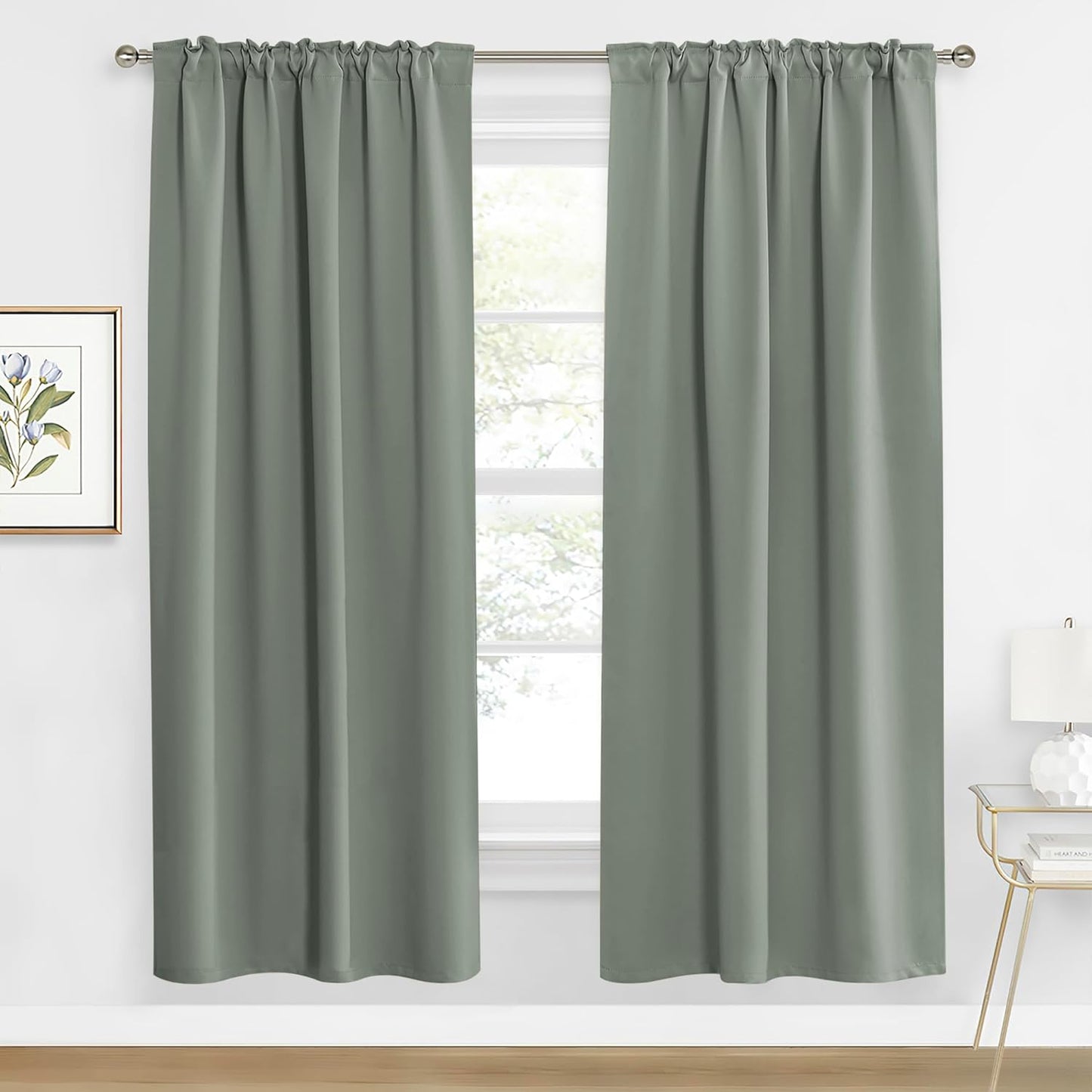 RYB HOME Sage Green Curtains for Living Room, Elegent Farmhouse Vertical Back Tab& Rod Pocket Blackout Window Decor for Bedroom Dining, Sliding Glass Door Home Office Drapes, W62 x L84, 2 Panels
