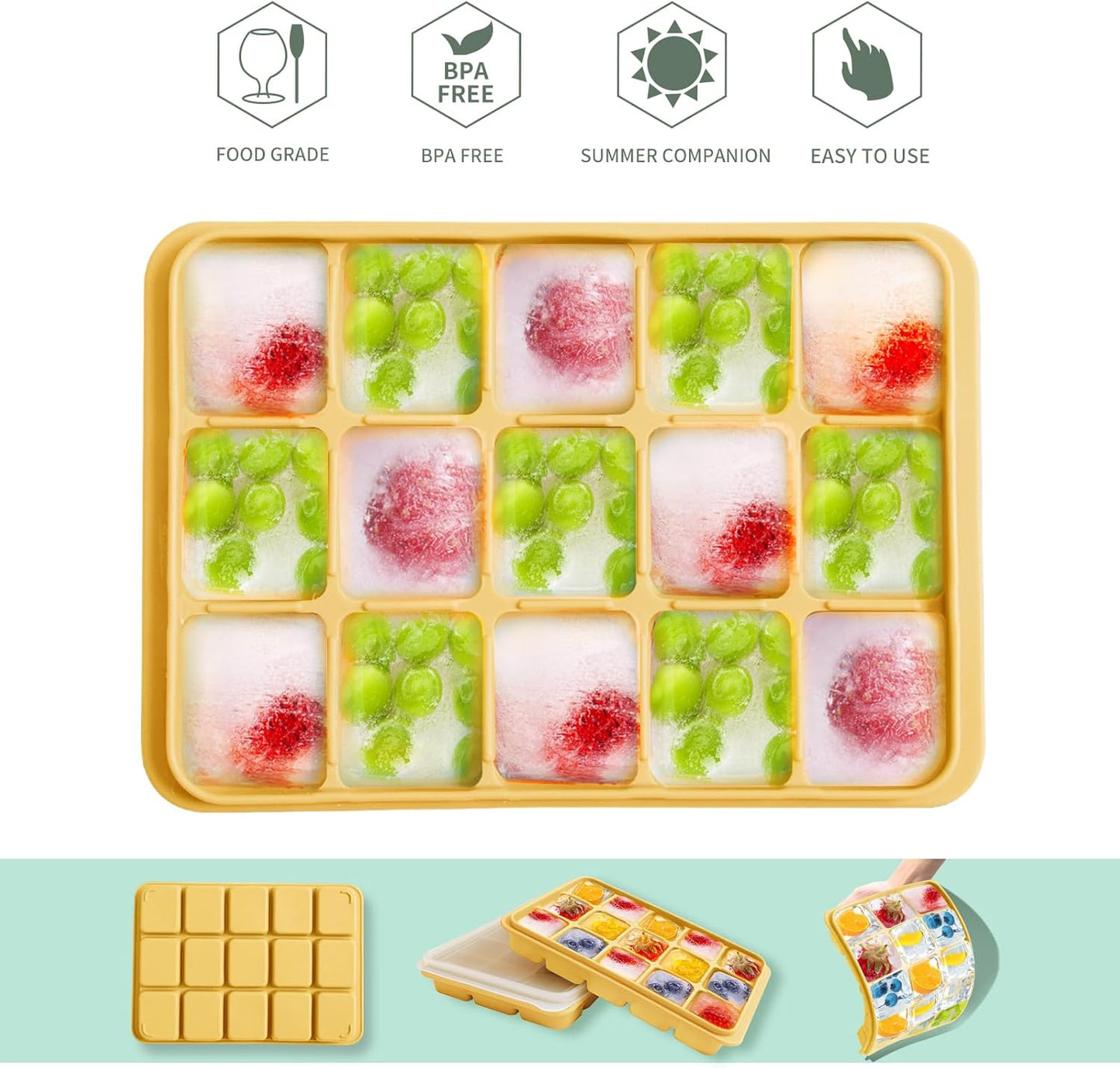 Tvmania Ice Cube Trays Set of 2, Easy Release 15 Flexible Silicone Ice Cube Molds with Removable Lid Reusable Freezer Ice Trays Stackable for Whiskey, Baby Food, BPA Free (yellow)