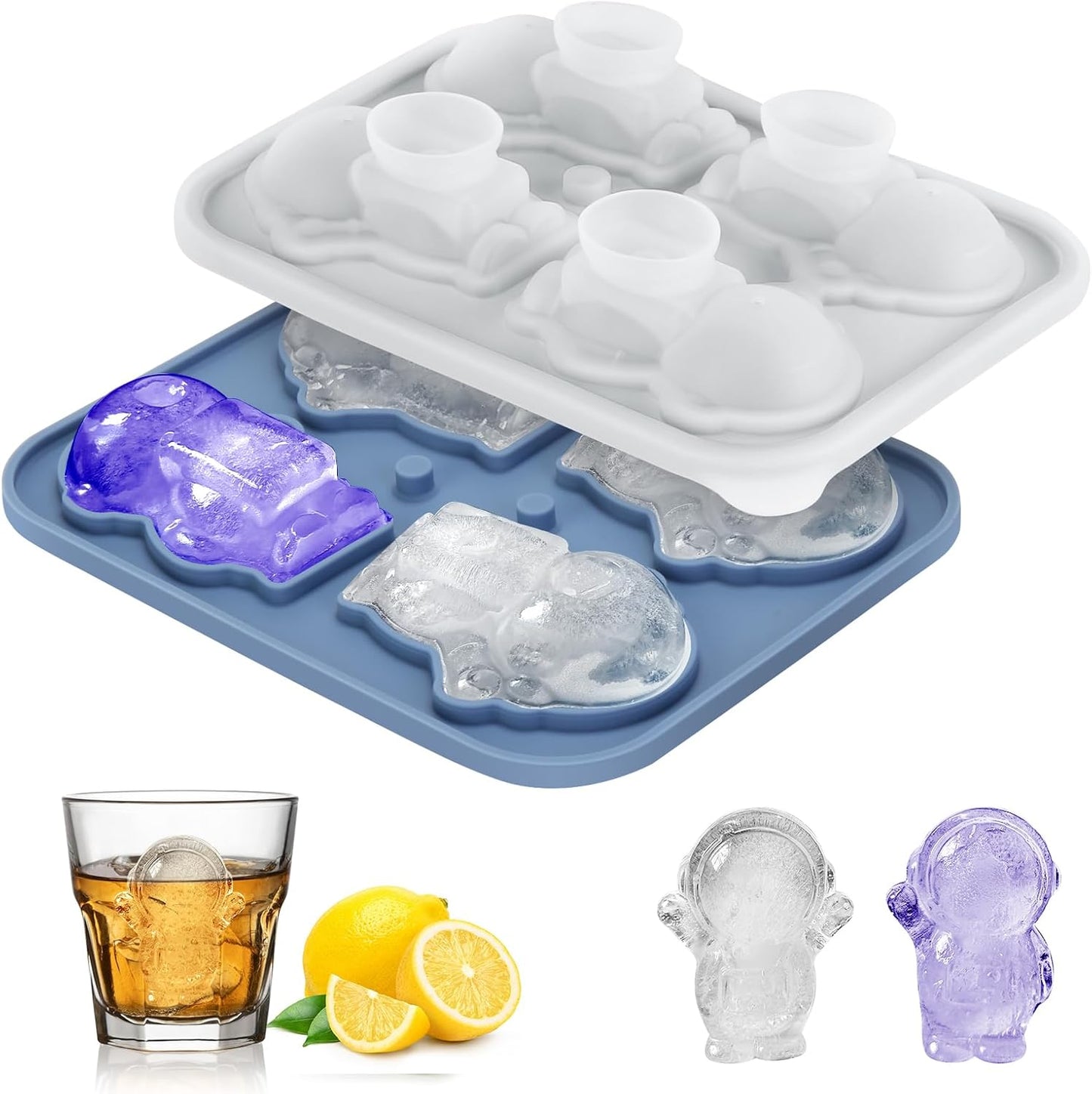 Silicone Ice Cube Tray,Astronaut 3D Large Ice Cube Molds for Whiskey,Cocktails,Wine,Juice and Bourbon,4 Big Cute Animal Ice Trays for Freezer with Lid Easy-Release BPA Free(Astronaut)