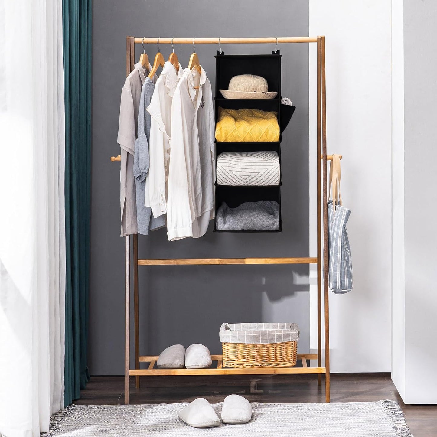 YOUDENOVA Hanging Closet Organizer, 3-Shelf Closet Hanging Storage Shelves, Black