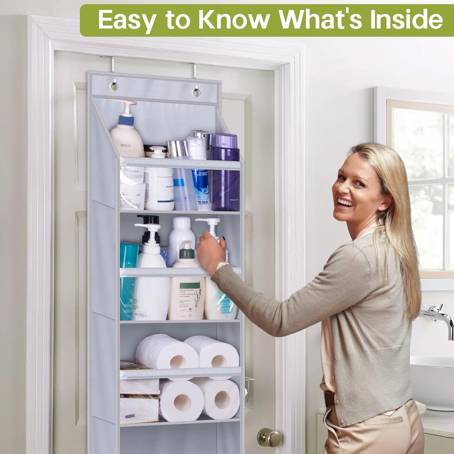 AOODA Over the Door Organizer, Large Capacity Closet Door Hanging Organizer, Clear Deep Pockets Baby Storage for Nursery, Bathroom, Bedroom, Pantry, Diapers (Grey)