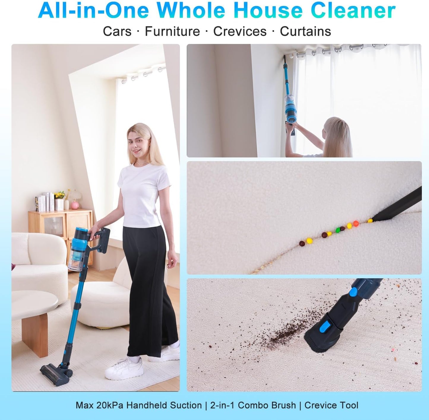 Cordless Vacuum Cleaner, 250W/38kPa/65Mins-8-in-1 Stick Vacuum Cleaners for Home Rechargeable for Pet Hair/Rugs/Hard Floors| 1.2L Dustbin, Anti-Tangle | Self-Standing, Ideal for Car, Apartment