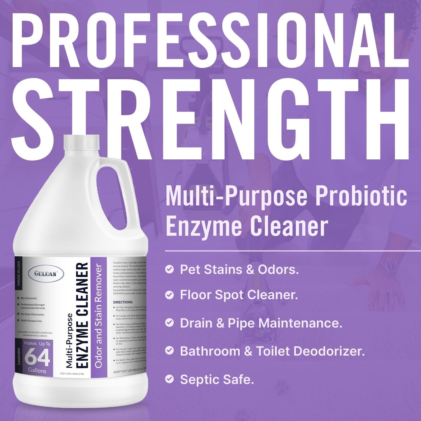 Multi-Purpose Probiotic Enzyme Cleaner, Made in USA - Pet Stain and Odor Remover - Concentrated - Professional & Home Strength Drains, Floors, Bathrooms, Toilets Trash Can, (1 gallon, Lavender)